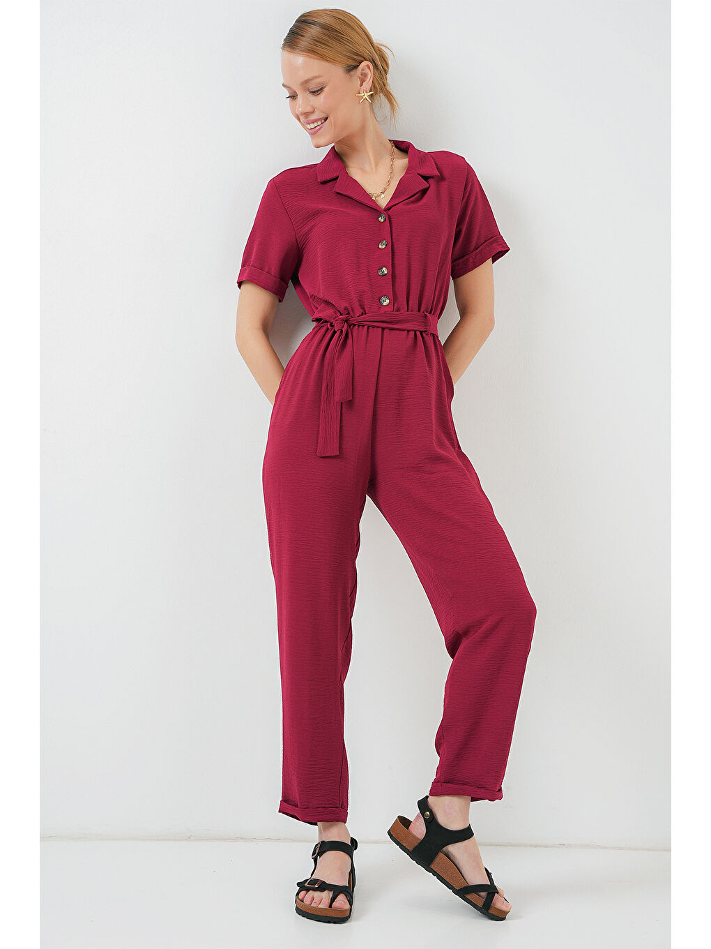 Kadın Kısa Kol Ayrobin Tulum 7030 - Bordo-1