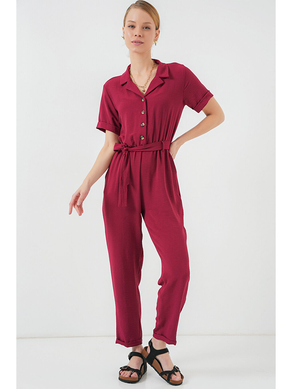 Kadın Kısa Kol Ayrobin Tulum 7030 - Bordo-2