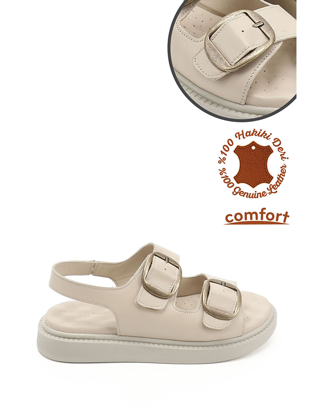 Bej Kadın BEJ-CAMEL Cırtlı Tokalı Hakiki Deri Comfort Sandalet-2