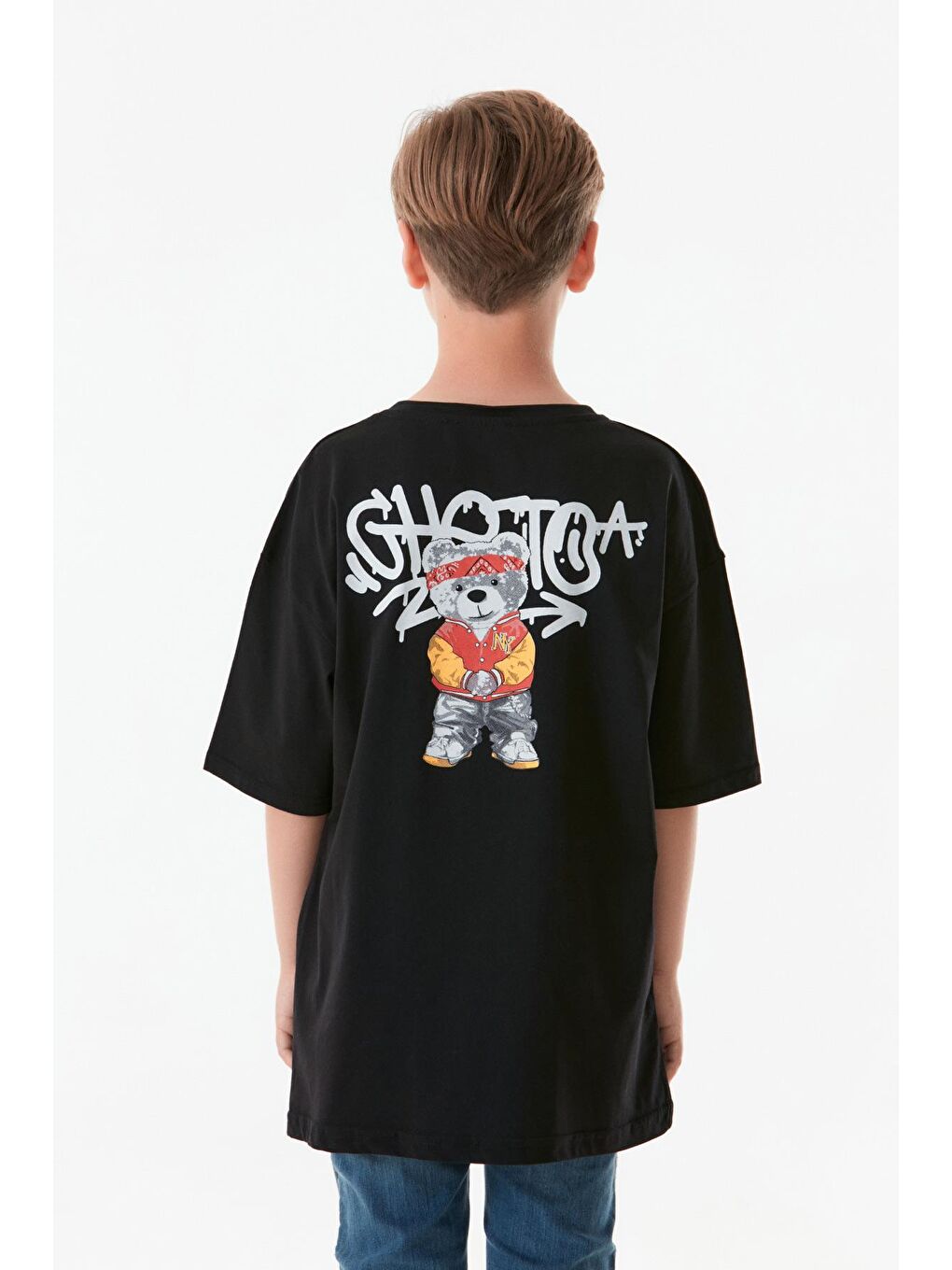 Siyah Önü Ve Arkası Baskılı Bisiklet Yaka Erkek Çocuk Tişört-2