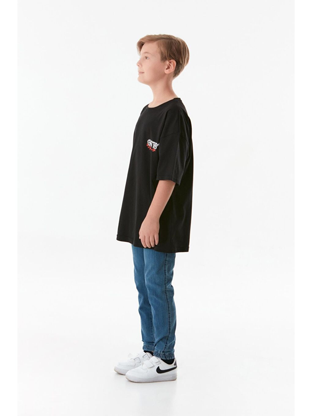 Siyah Önü Ve Arkası Baskılı Bisiklet Yaka Erkek Çocuk Tişört-3