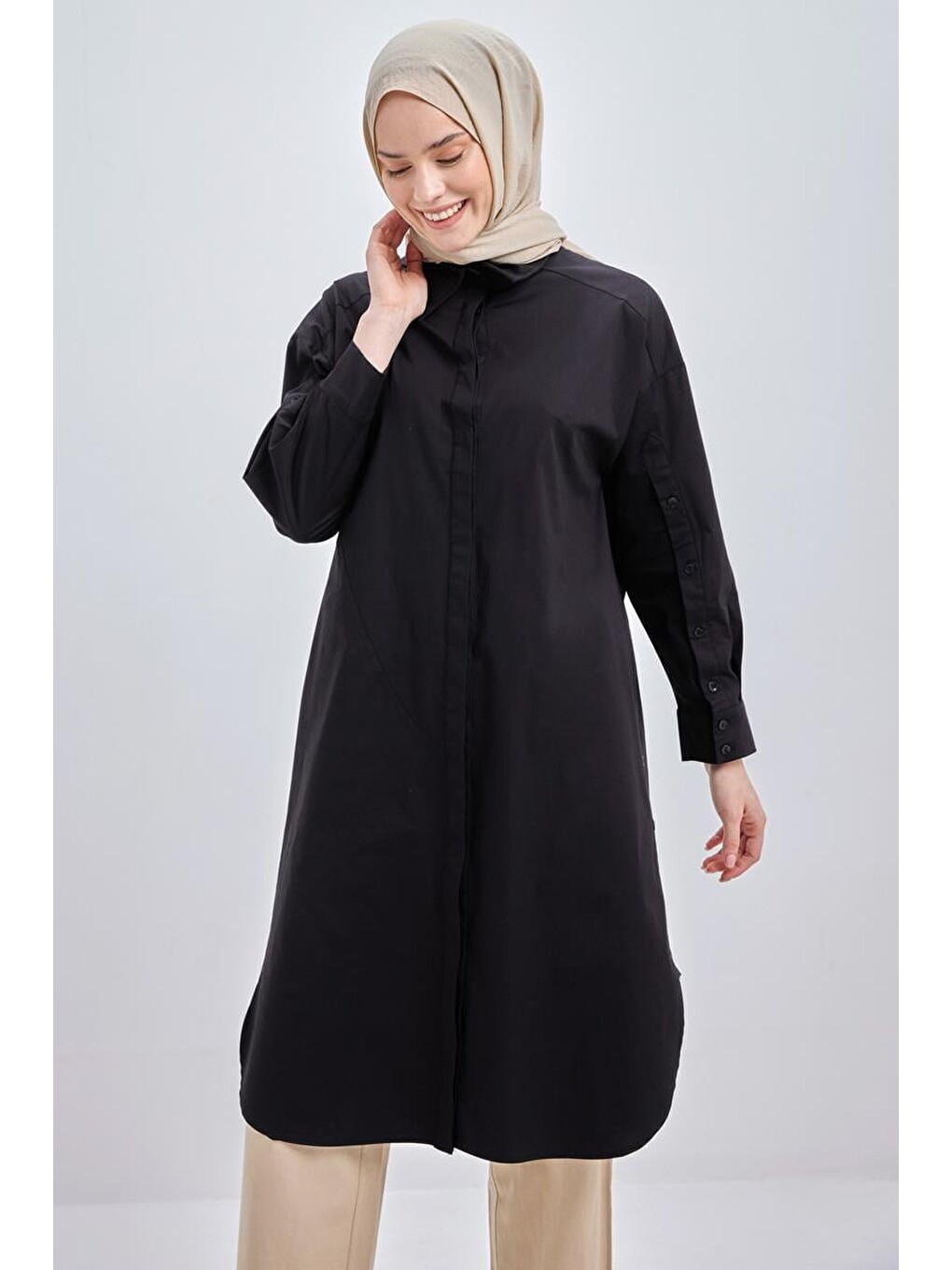 Siyah-relax Pamuklu Poplin Gömlek Tunik
