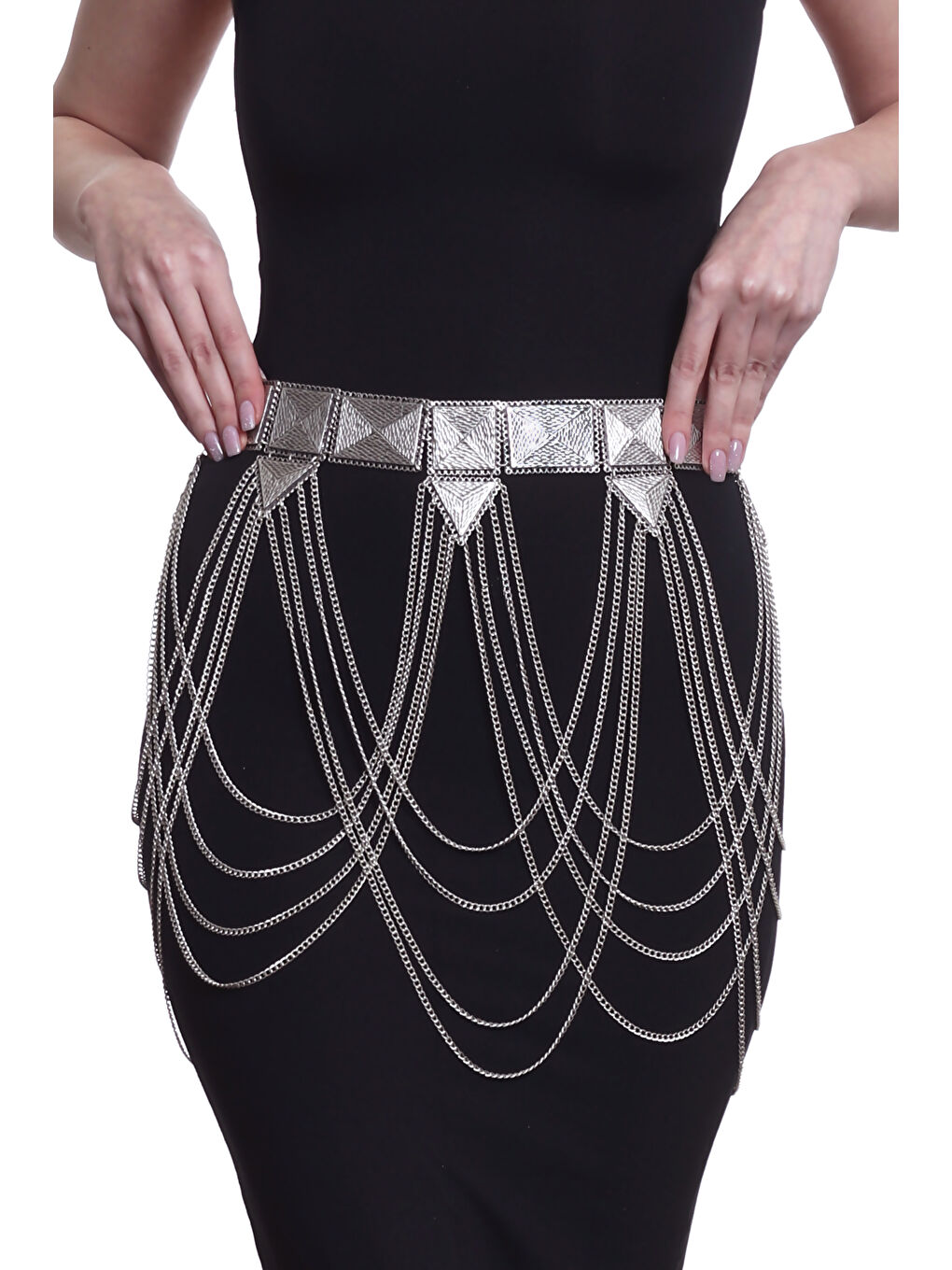 Gri Kadın Antik Gümüş Kaplama Geometrik Parçalı Tasarım Bohem Kemer-1