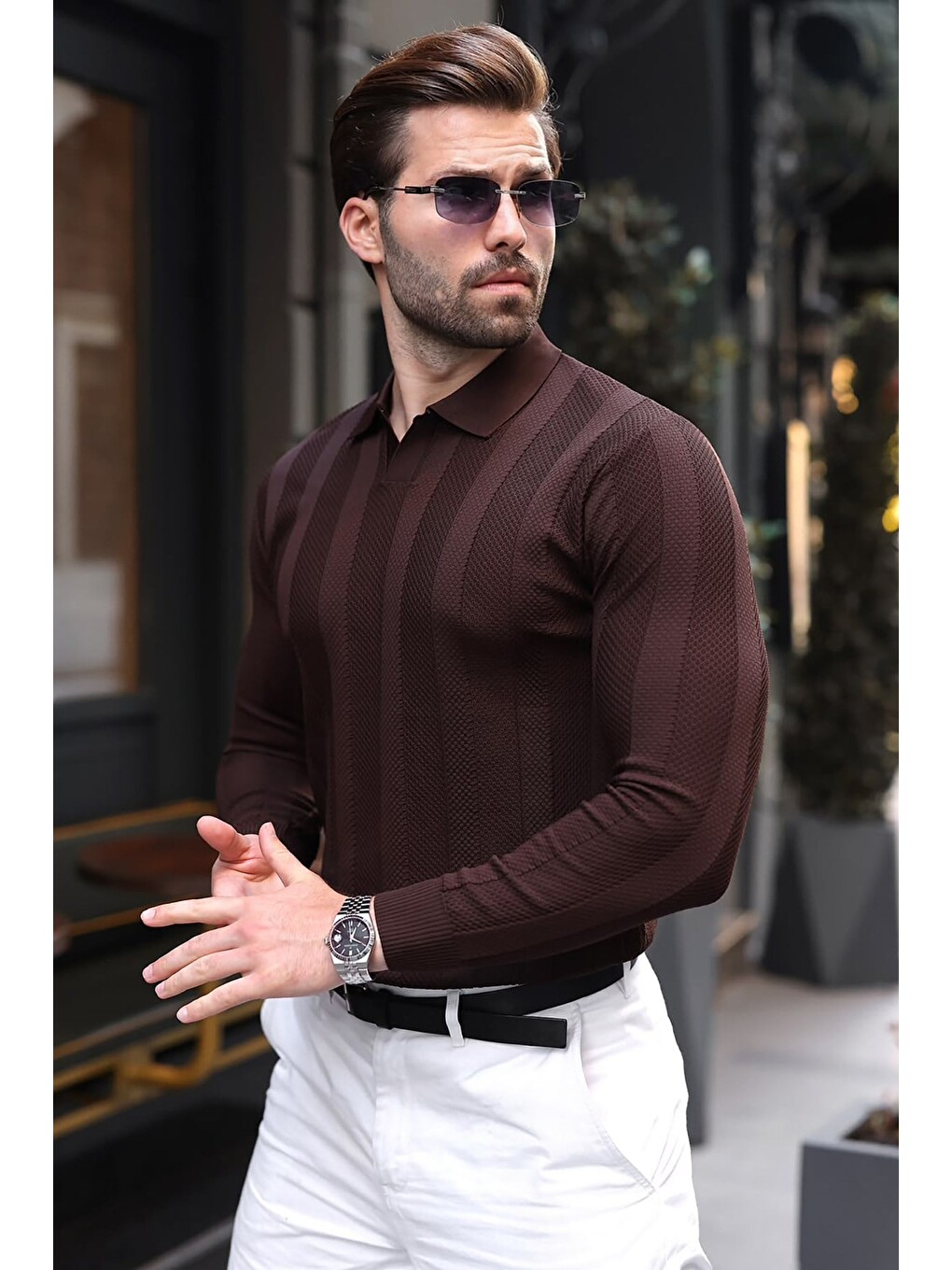 Kahverengi Regular Fit Polo Yaka Triko Erkek Kazak E7509