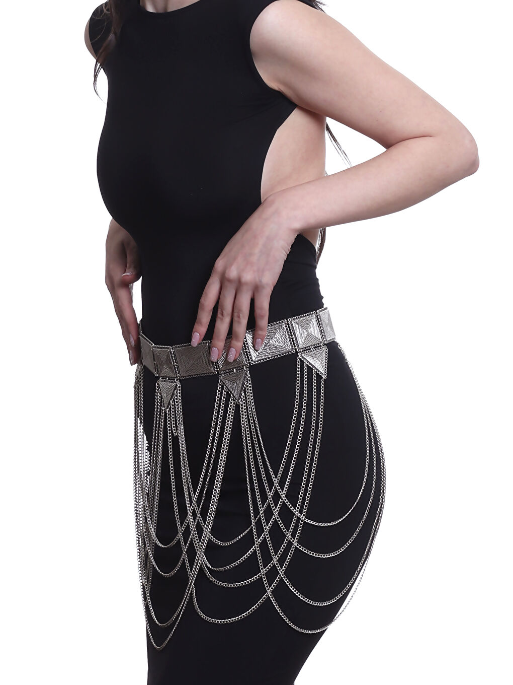 Gri Kadın Antik Gümüş Kaplama Geometrik Parçalı Tasarım Bohem Kemer-2