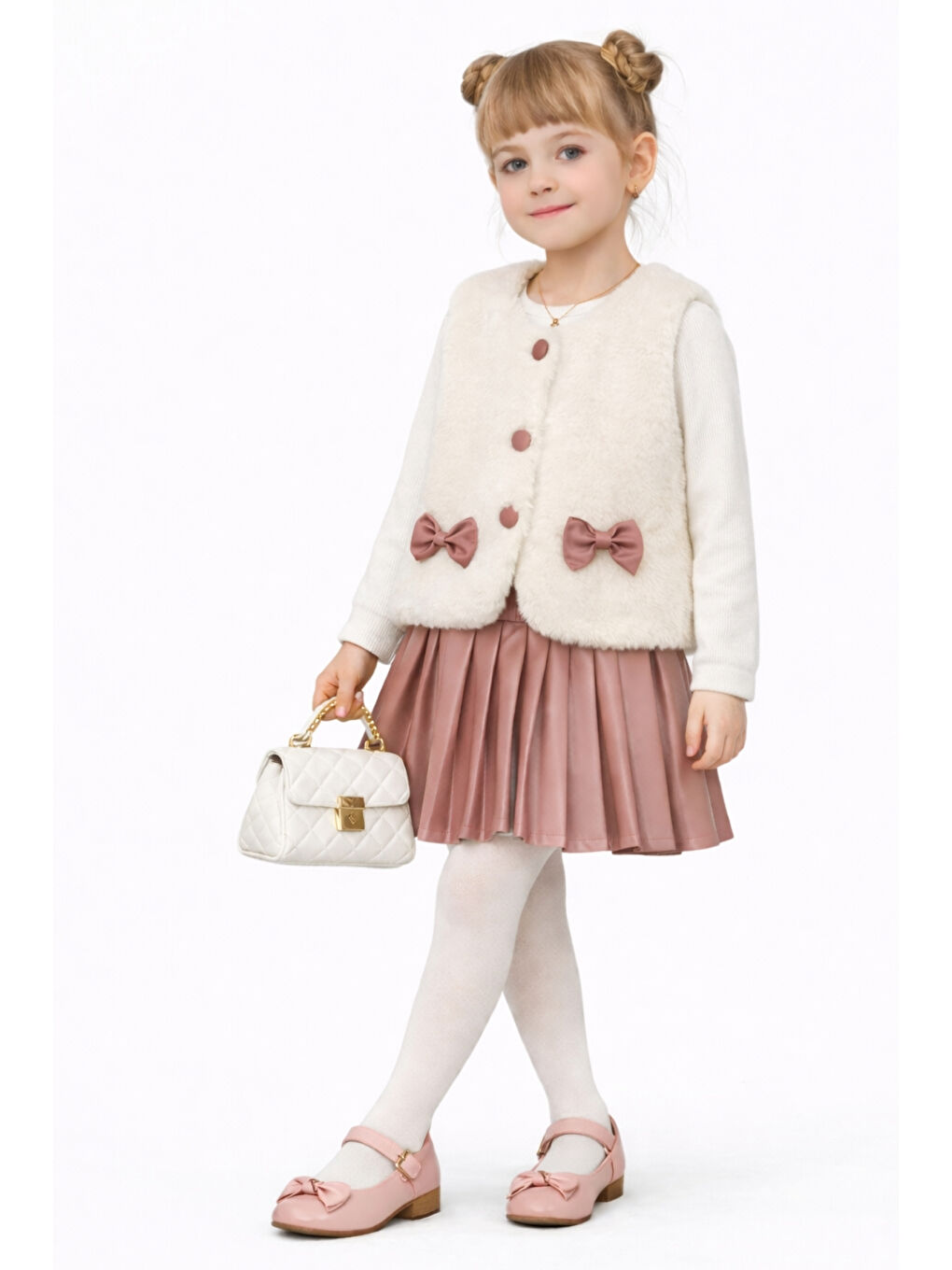 Pembe Kız Çocuk Pelüş Yelekli Deri Piliseli Etek 3 lü Set Takım Ak2601-1