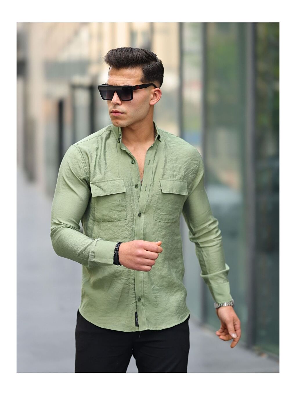 Haki Erkek A Kalite Keten Slim Fit Uzun Kol Çift Kapaklı Gömlek