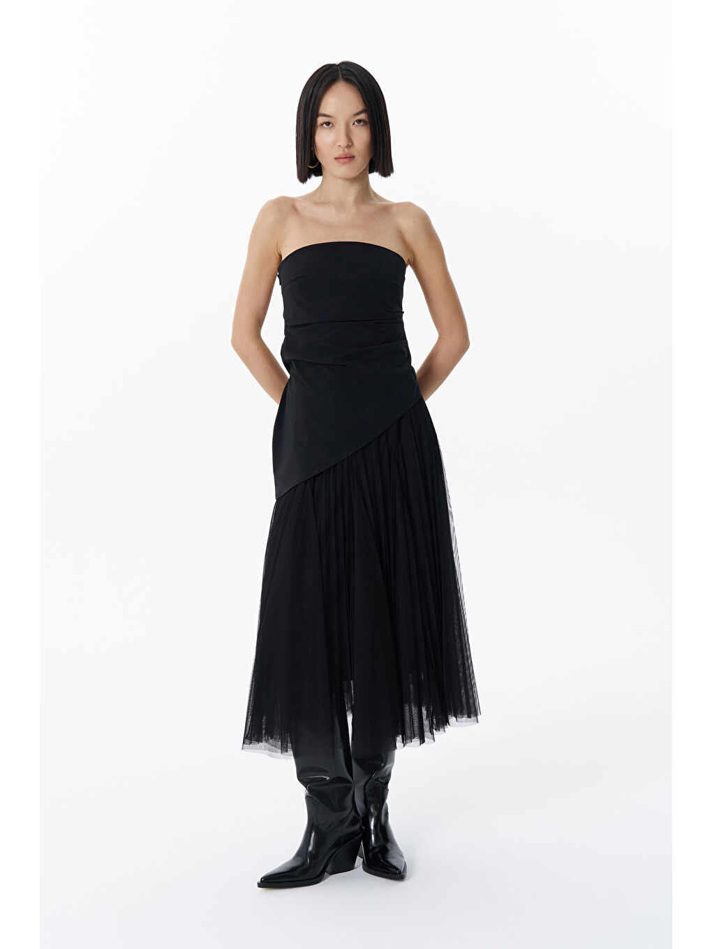 Beli Lastikli Midi Boy Tül Etek Siyah-2