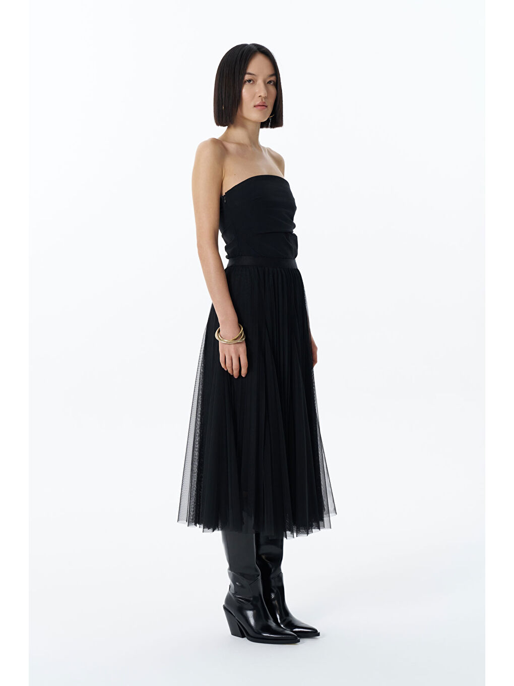 Beli Lastikli Midi Boy Tül Etek Siyah-3