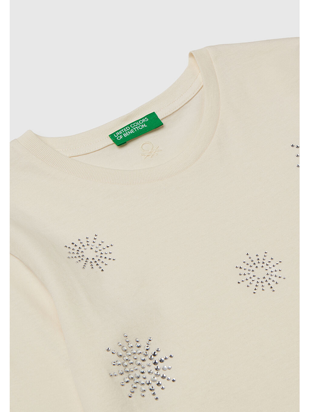 Kız Çocuk Ekru Önü Kristal Aplikeli Regular Fit Jarse Uzun Kollu T-shirt-2