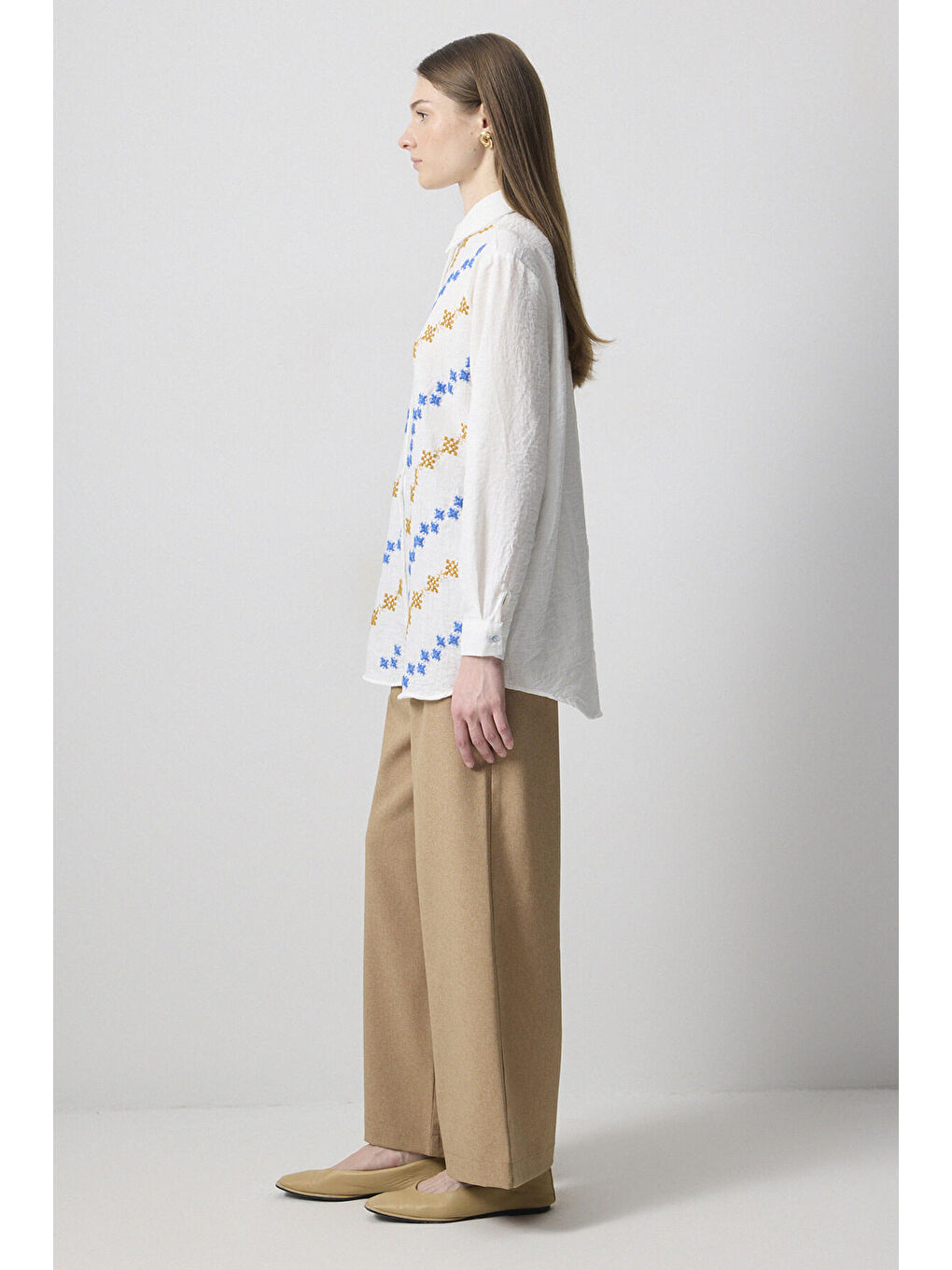 Ekru Nakış Detaylı Oversıze Gömlek-1