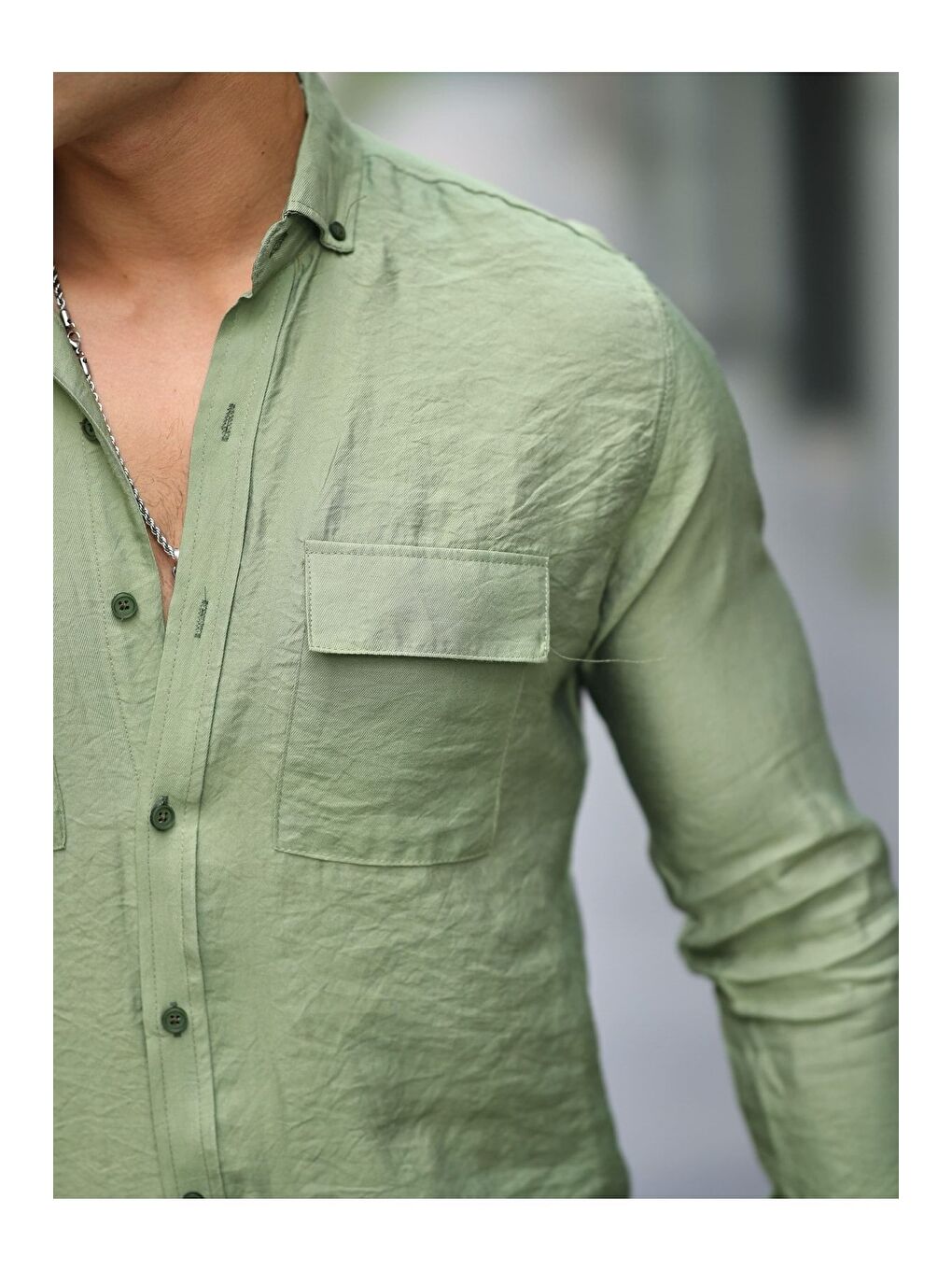 Haki Erkek A Kalite Keten Slim Fit Uzun Kol Çift Kapaklı Gömlek-1