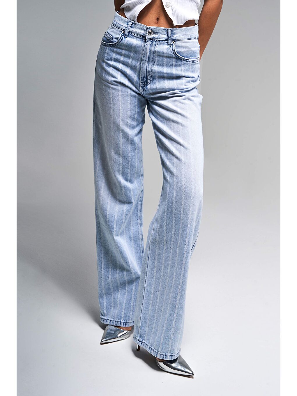 Mavi Kadın Jean Rengi 4s5-3 Çizgili Denim Kumaş %100 Pamuk Straıght Fit Yüksek Bel Denim Jean