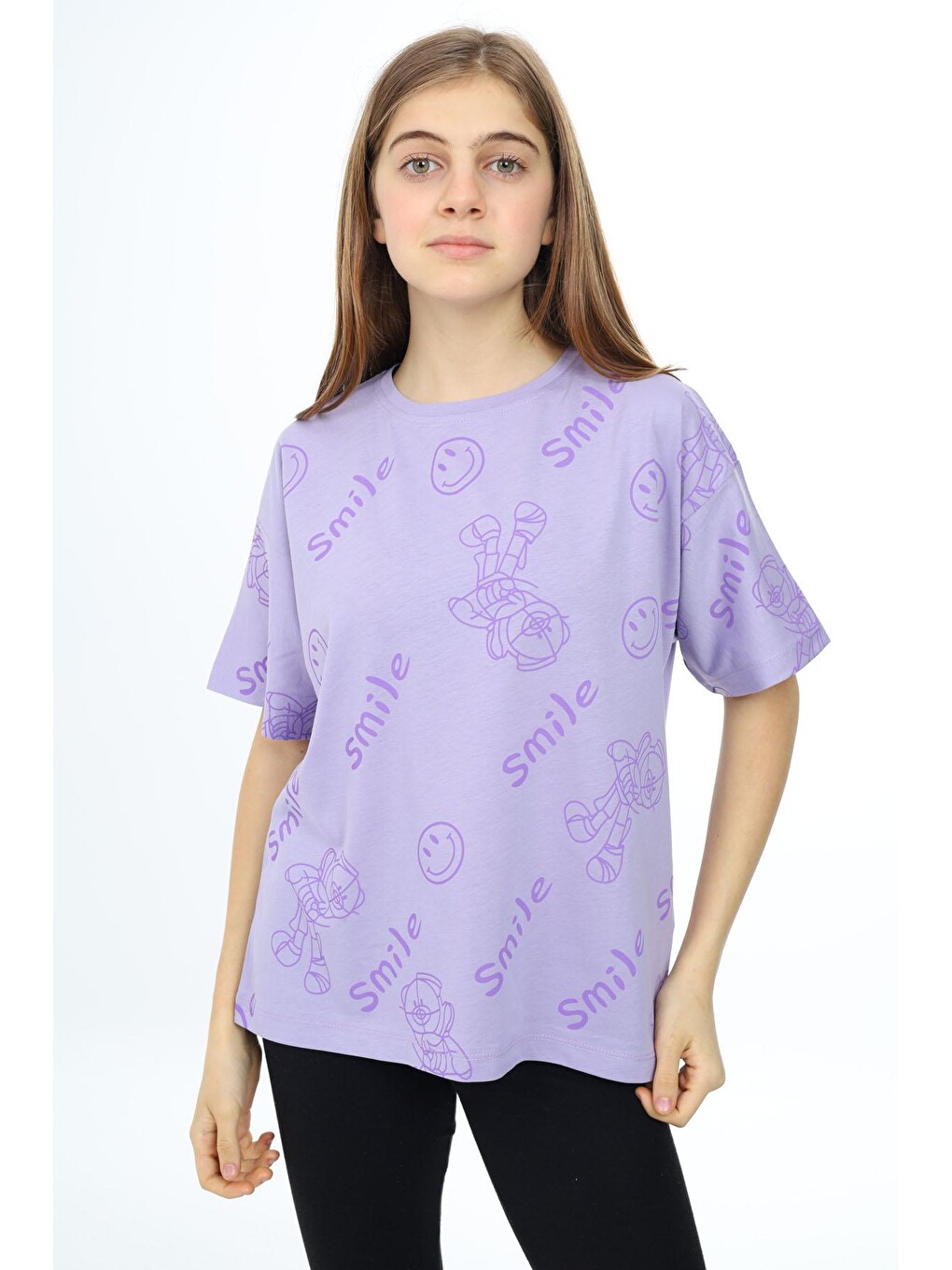 Lila Smile Baskılı Bisiklet Yaka Kız Çocuk T-shirt 17764