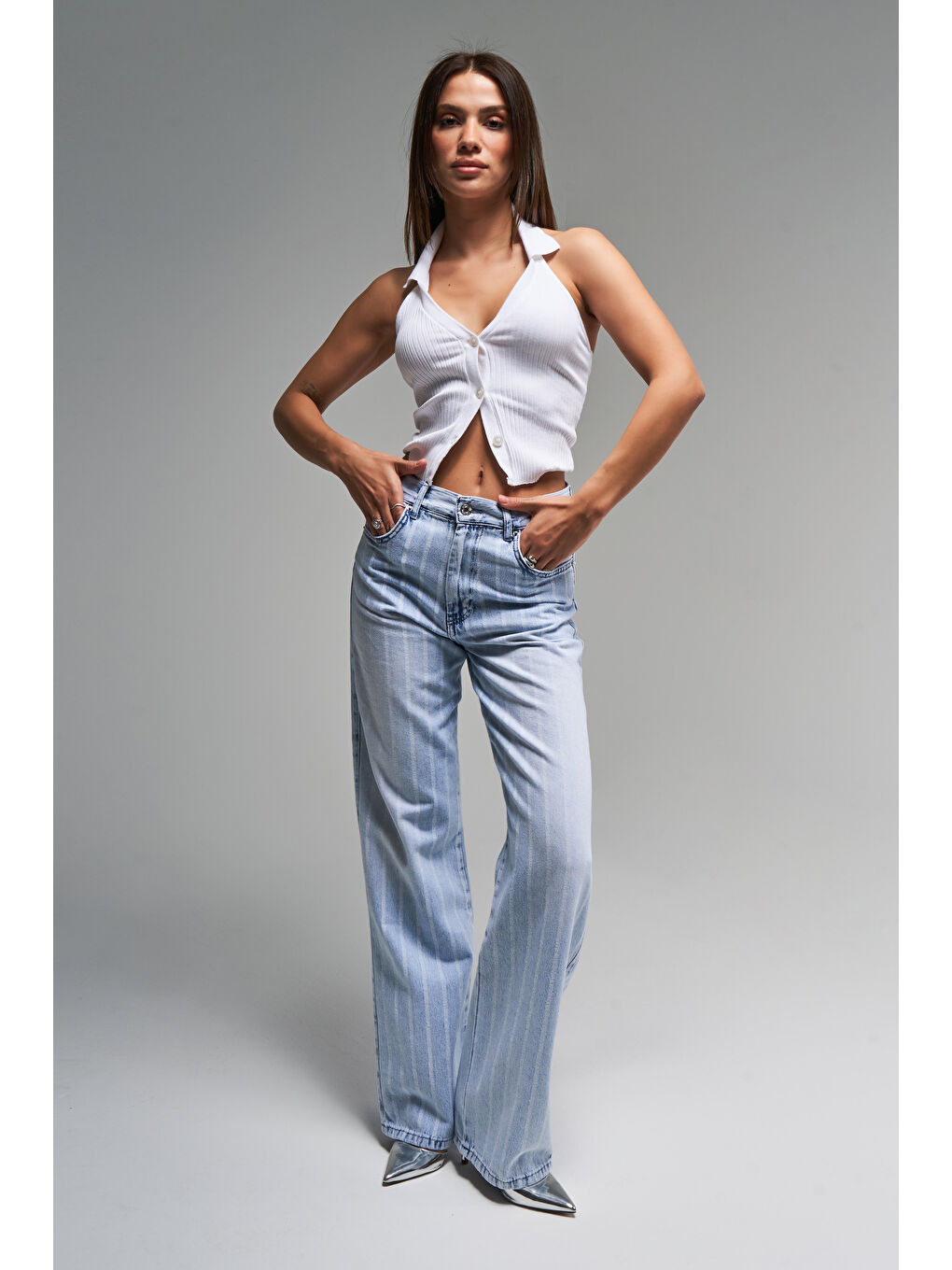 Mavi Kadın Jean Rengi 4s5-3 Çizgili Denim Kumaş %100 Pamuk Straıght Fit Yüksek Bel Denim Jean-2