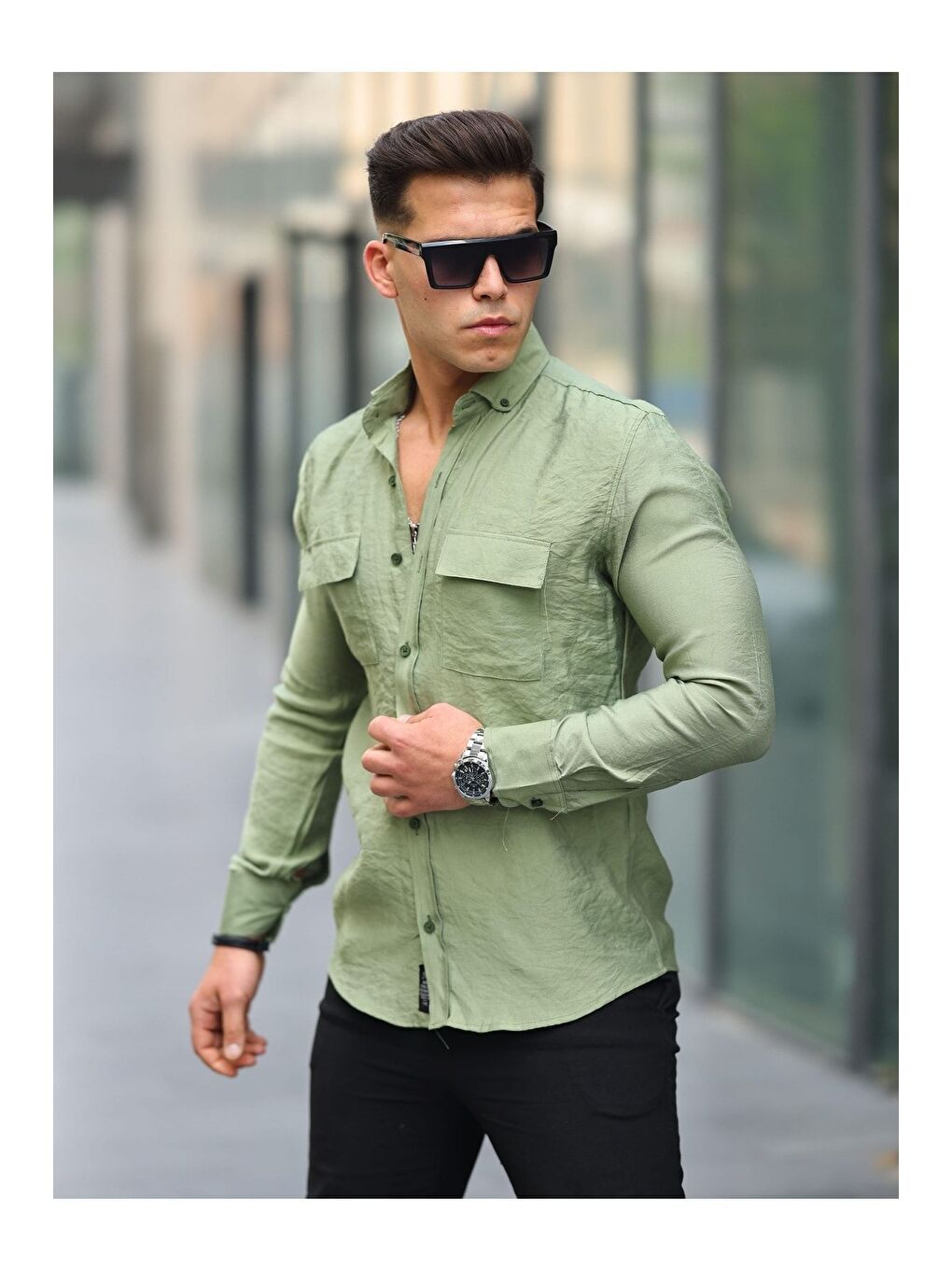 Haki Erkek A Kalite Keten Slim Fit Uzun Kol Çift Kapaklı Gömlek-2