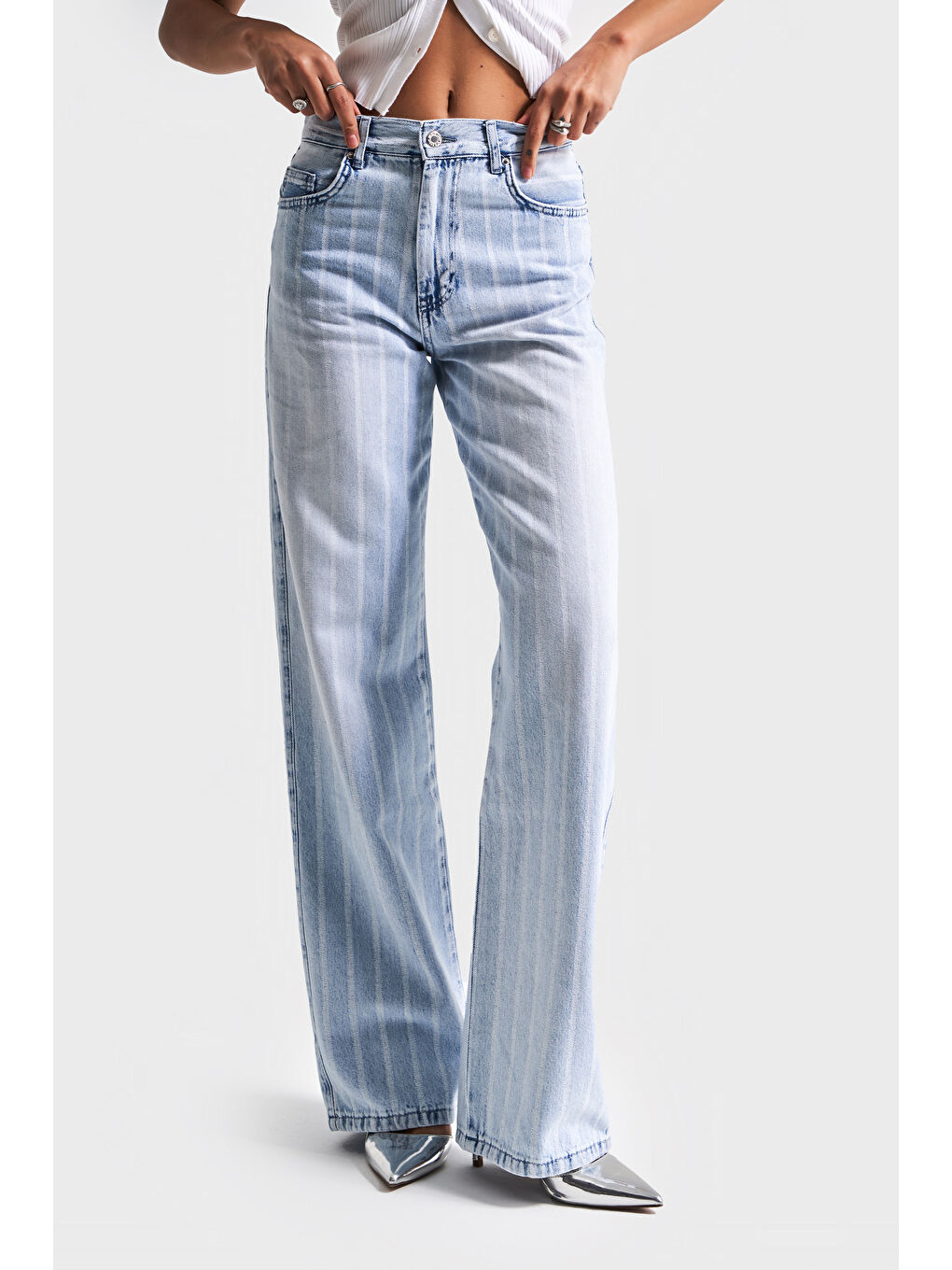 Mavi Kadın Jean Rengi 4s5-3 Çizgili Denim Kumaş %100 Pamuk Straıght Fit Yüksek Bel Denim Jean-4