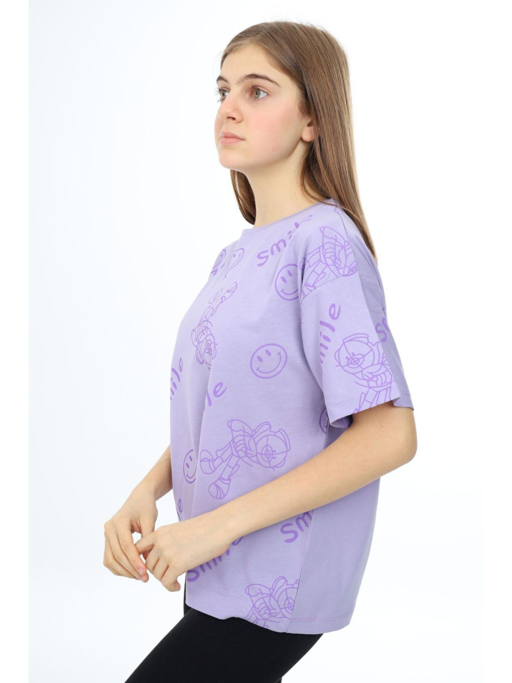 Lila Smile Baskılı Bisiklet Yaka Kız Çocuk T-shirt 17764-1