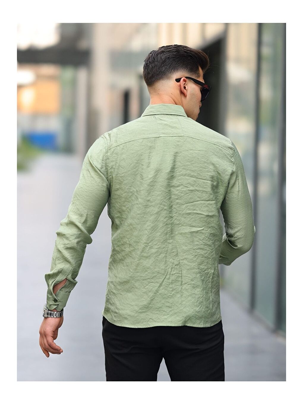 Haki Erkek A Kalite Keten Slim Fit Uzun Kol Çift Kapaklı Gömlek-3