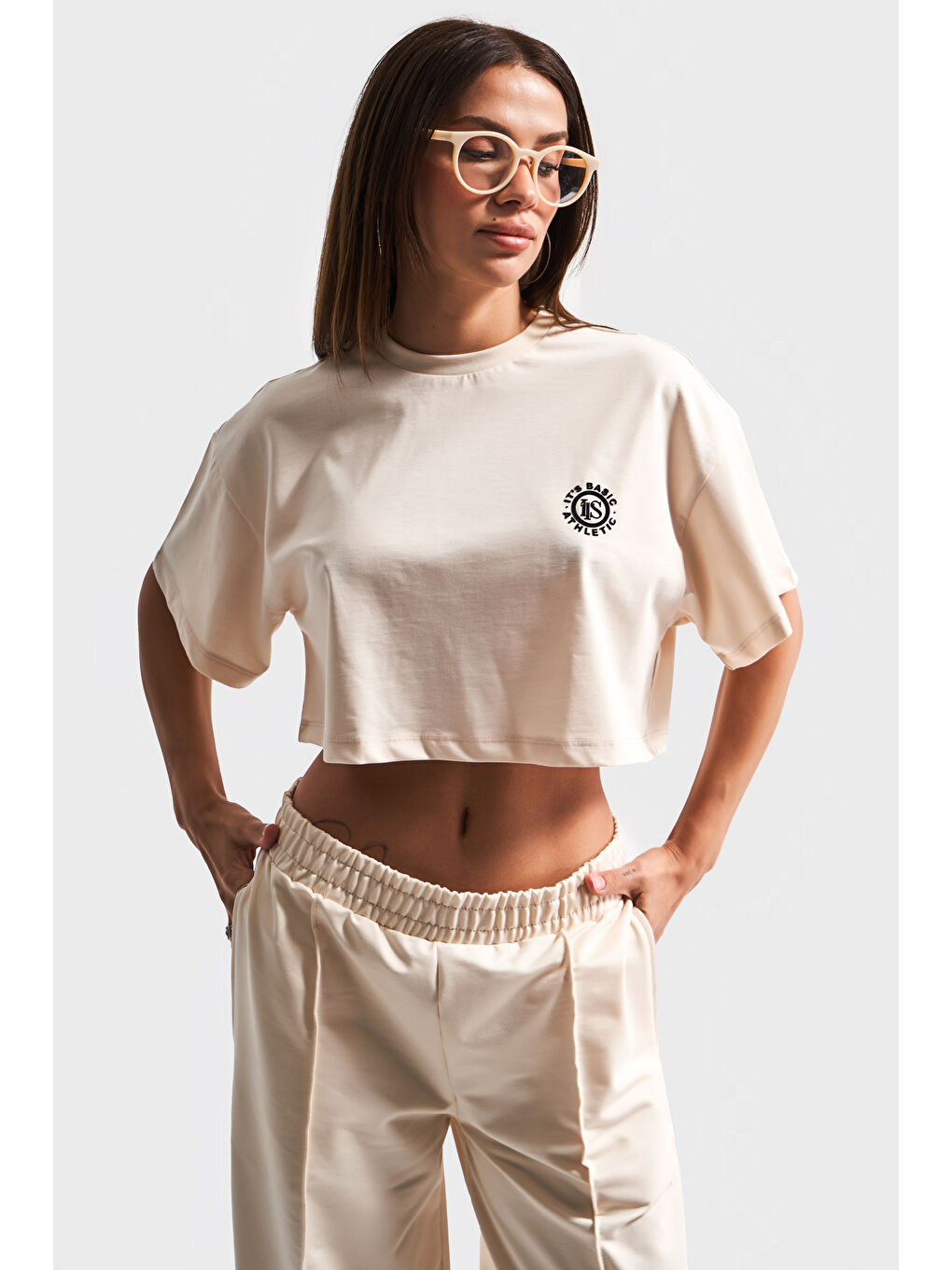 Ekru Kadın Bej Renk s5-105 Alt Üst Takım Örme Kumaş Eşofman T-Shirt Takım-1