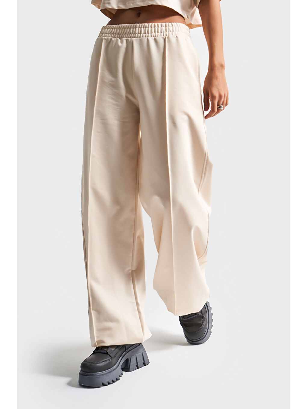 Ekru Kadın Bej Renk s5-105 Alt Üst Takım Örme Kumaş Eşofman T-Shirt Takım-2