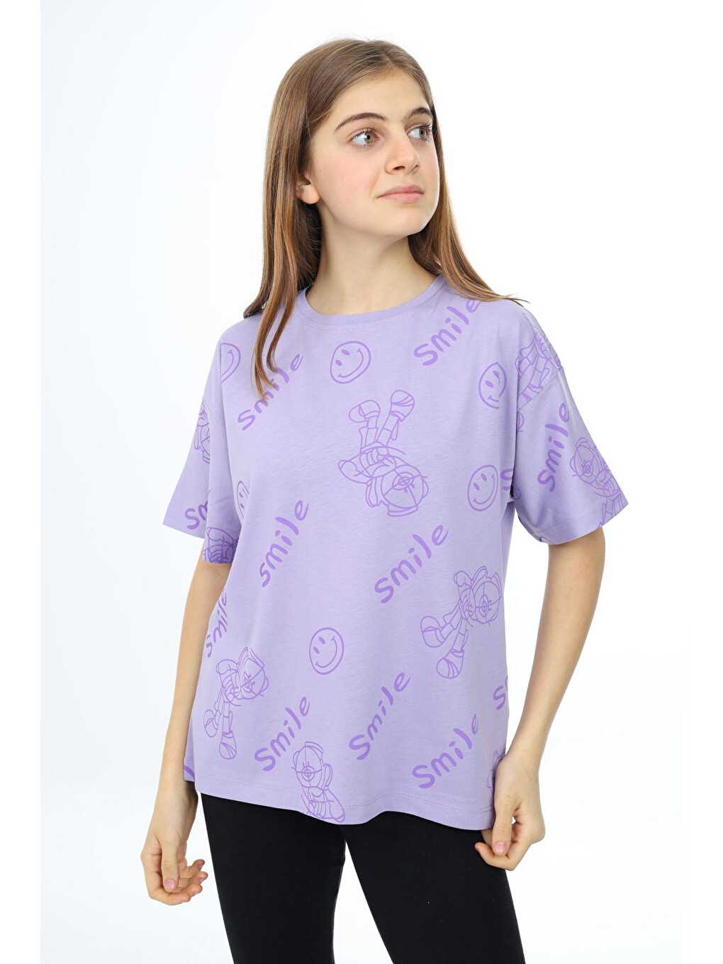 Lila Smile Baskılı Bisiklet Yaka Kız Çocuk T-shirt 17764-2