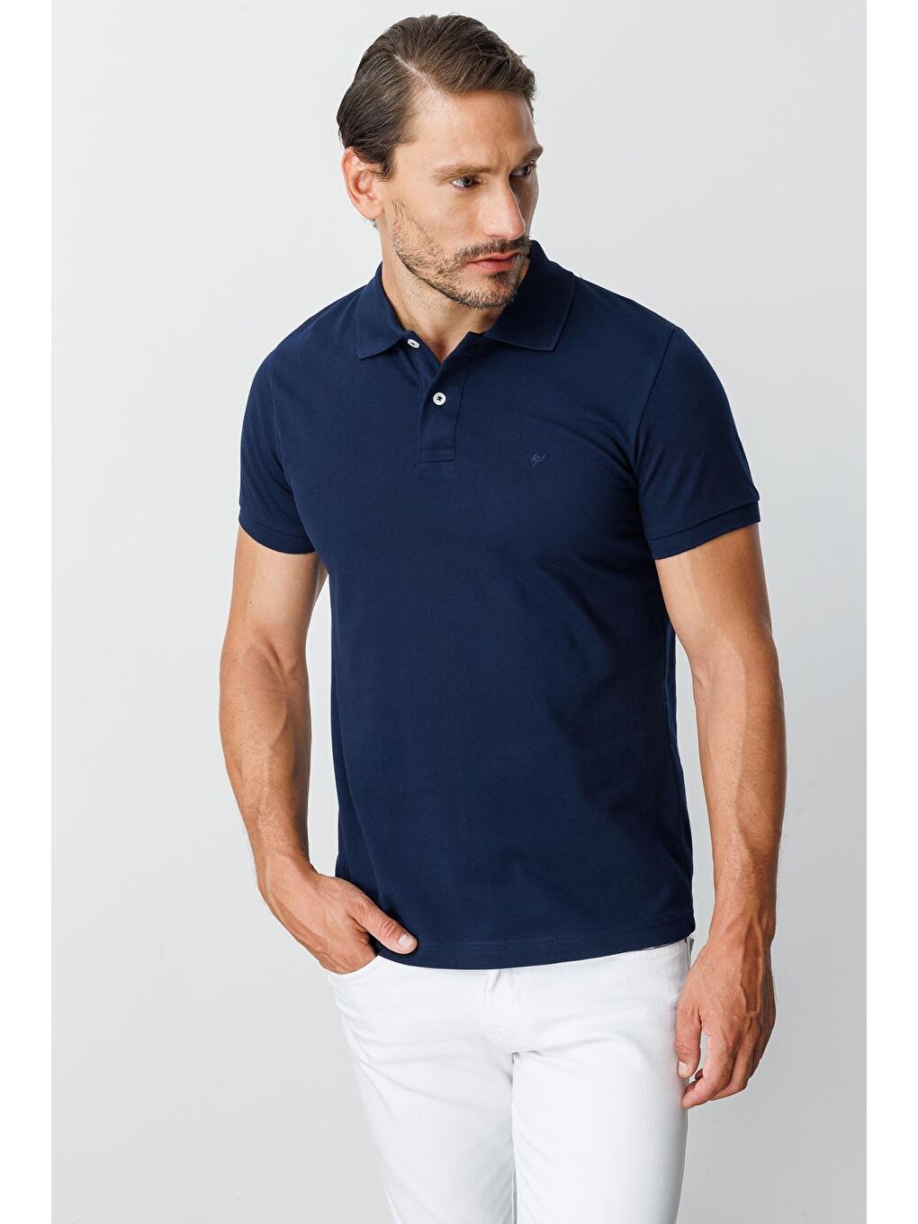 Lacivert Modern Fit Dar Kalıp Polo Yaka Düz Kısa Kollu %100 Pamuk Tişört-1