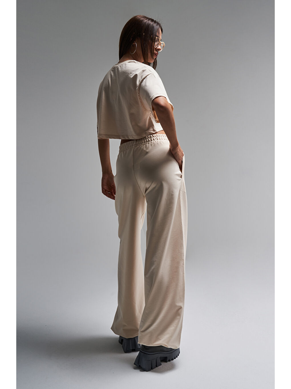 Ekru Kadın Bej Renk s5-105 Alt Üst Takım Örme Kumaş Eşofman T-Shirt Takım-3