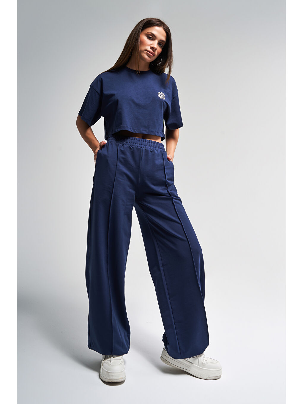 Kadın Koyu Mavi Renk s5-56 Alt Üst Takım Örme Kumaş Eşofman T-Shirt Takım