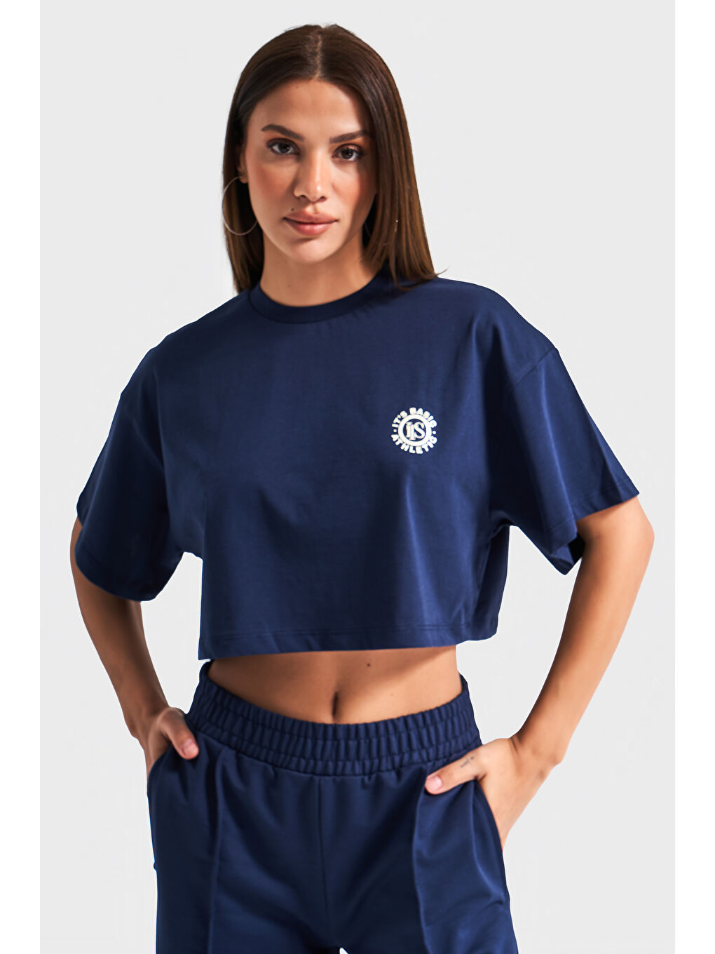 Kadın Koyu Mavi Renk s5-56 Alt Üst Takım Örme Kumaş Eşofman T-Shirt Takım-1