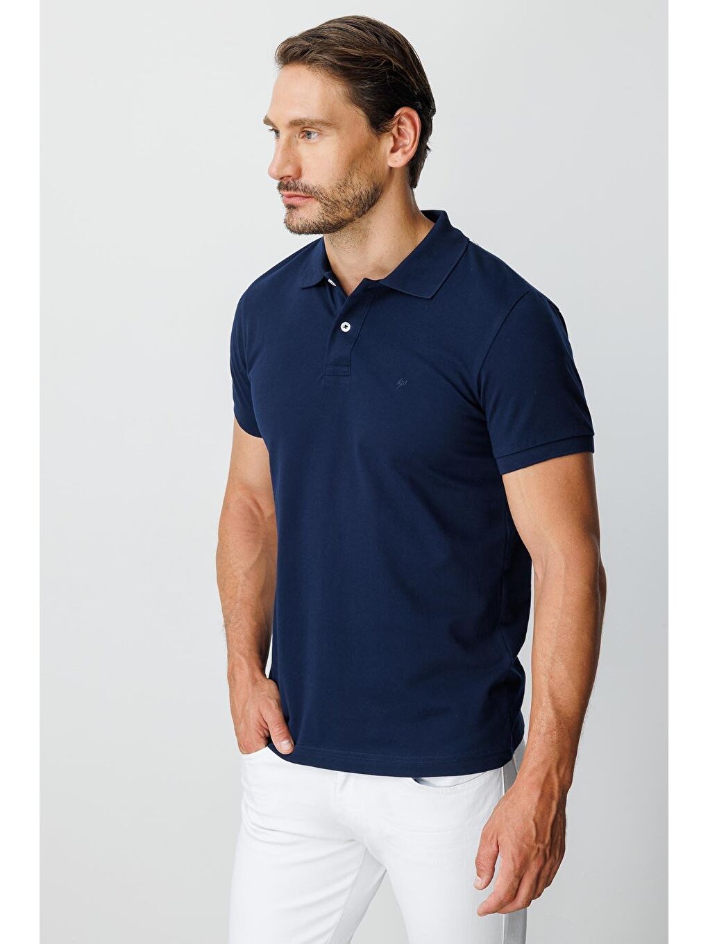 Lacivert Modern Fit Dar Kalıp Polo Yaka Düz Kısa Kollu %100 Pamuk Tişört-2