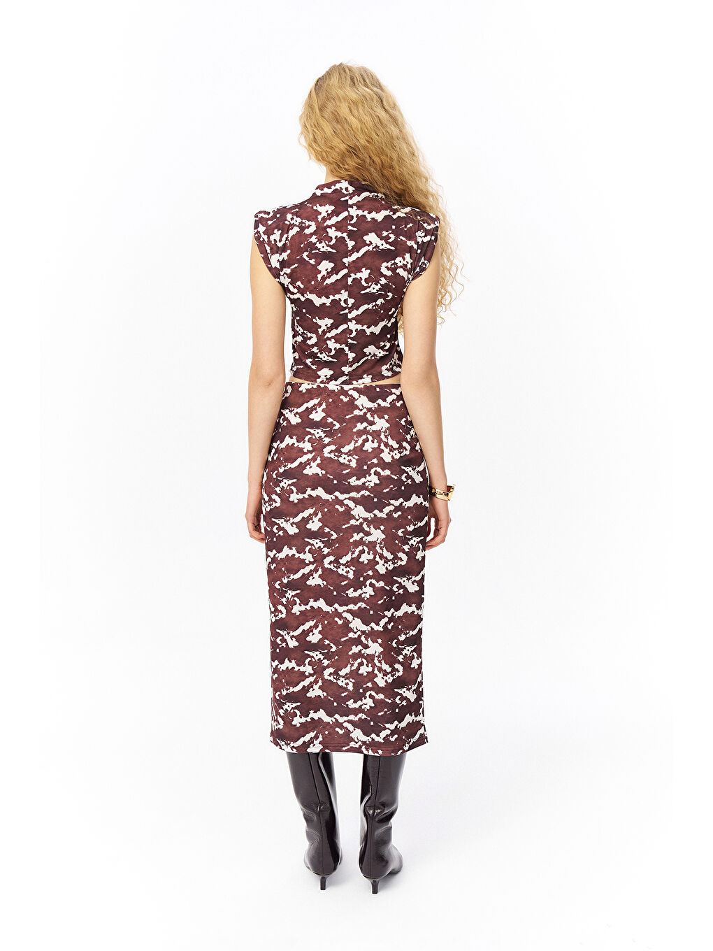 Dalga Desenli Midi Boy Etek Kahverengi-4