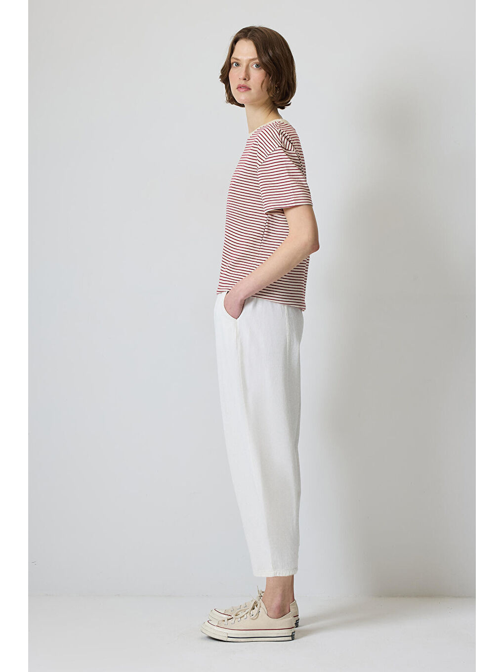 Ekru Beli Lastikli Havuç Pantolon-2