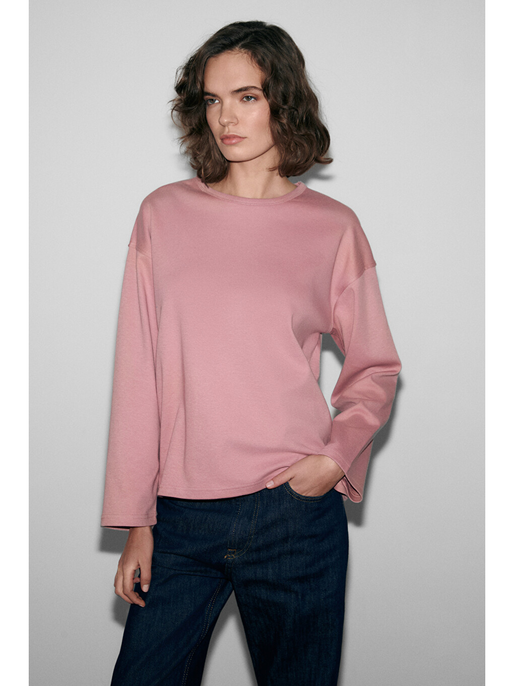 Neat Kadın Organik Pamuklu Bisiklet Yaka Oversize Fit Uzun Kollu Pembe T-shirt-1
