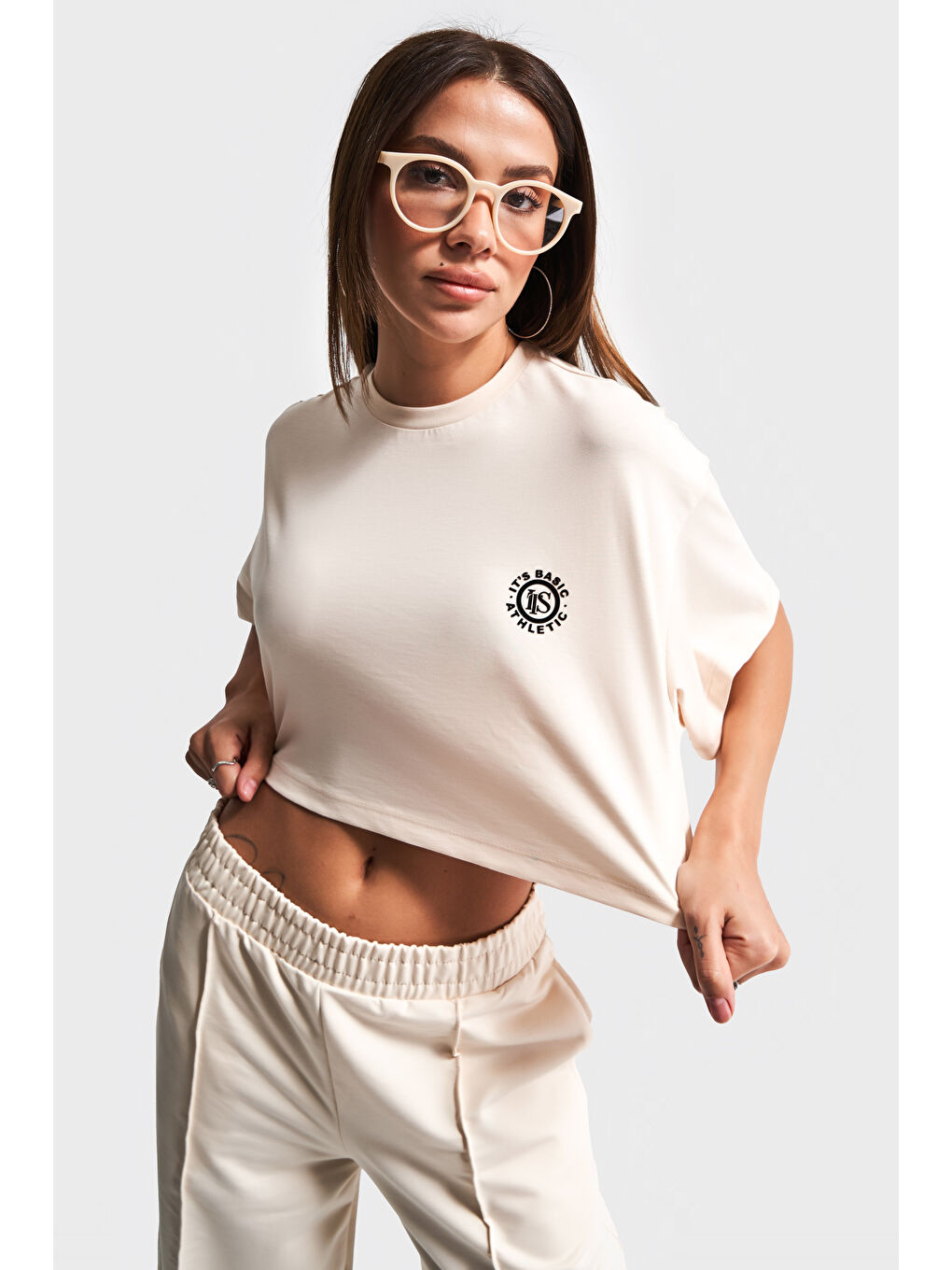 Ekru Kadın Bej Renk s5-105 Alt Üst Takım Örme Kumaş Eşofman T-Shirt Takım-4