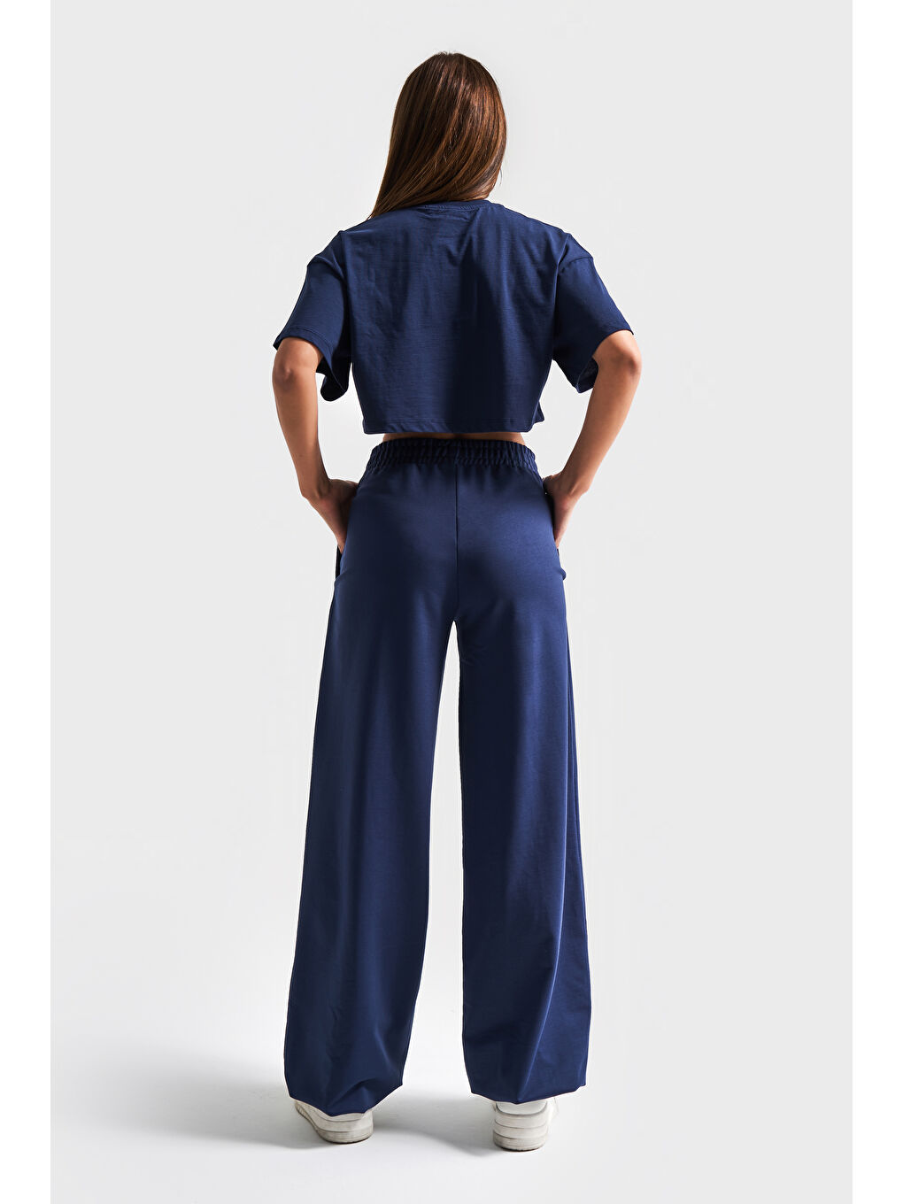 Kadın Koyu Mavi Renk s5-56 Alt Üst Takım Örme Kumaş Eşofman T-Shirt Takım-2