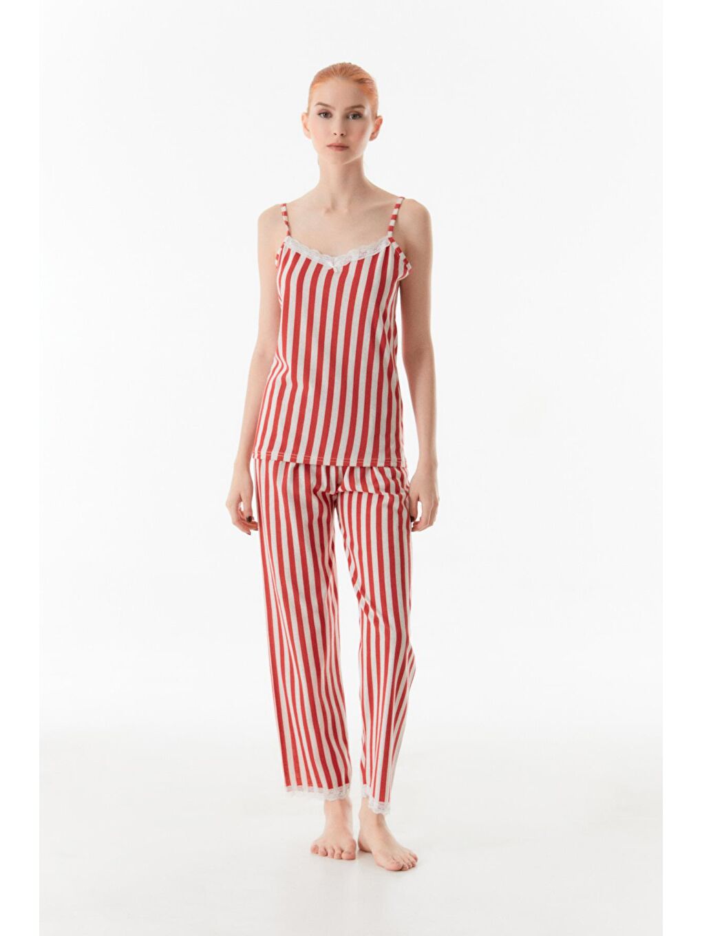 Kırmızı Çizgili İp Askılı Pijama Takımı-2