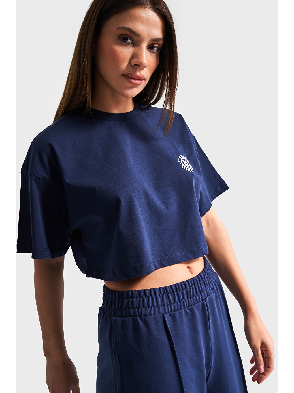 Kadın Koyu Mavi Renk s5-56 Alt Üst Takım Örme Kumaş Eşofman T-Shirt Takım-3