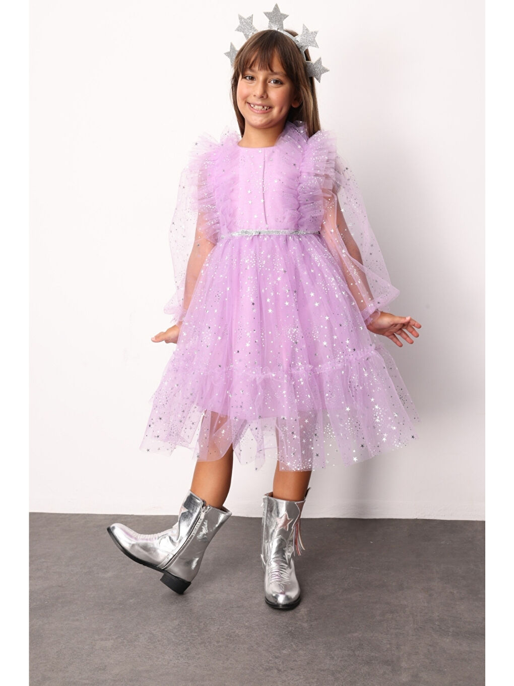 Lila Omzu Fırfır Detaylı Yıldızlı Kız Çocuk Elbise - Stella