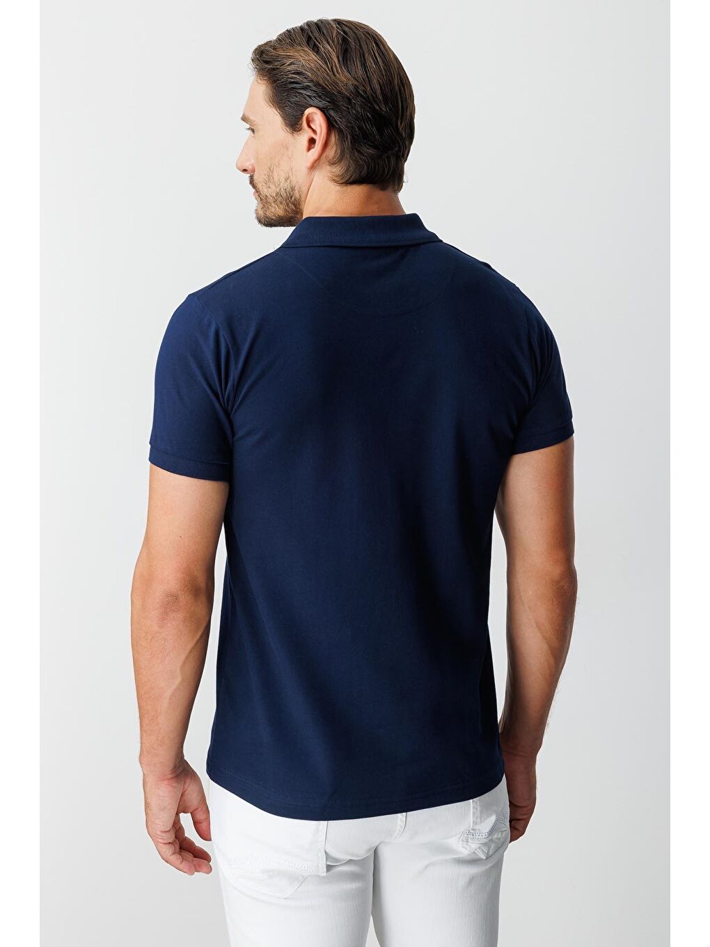 Lacivert Modern Fit Dar Kalıp Polo Yaka Düz Kısa Kollu %100 Pamuk Tişört-4