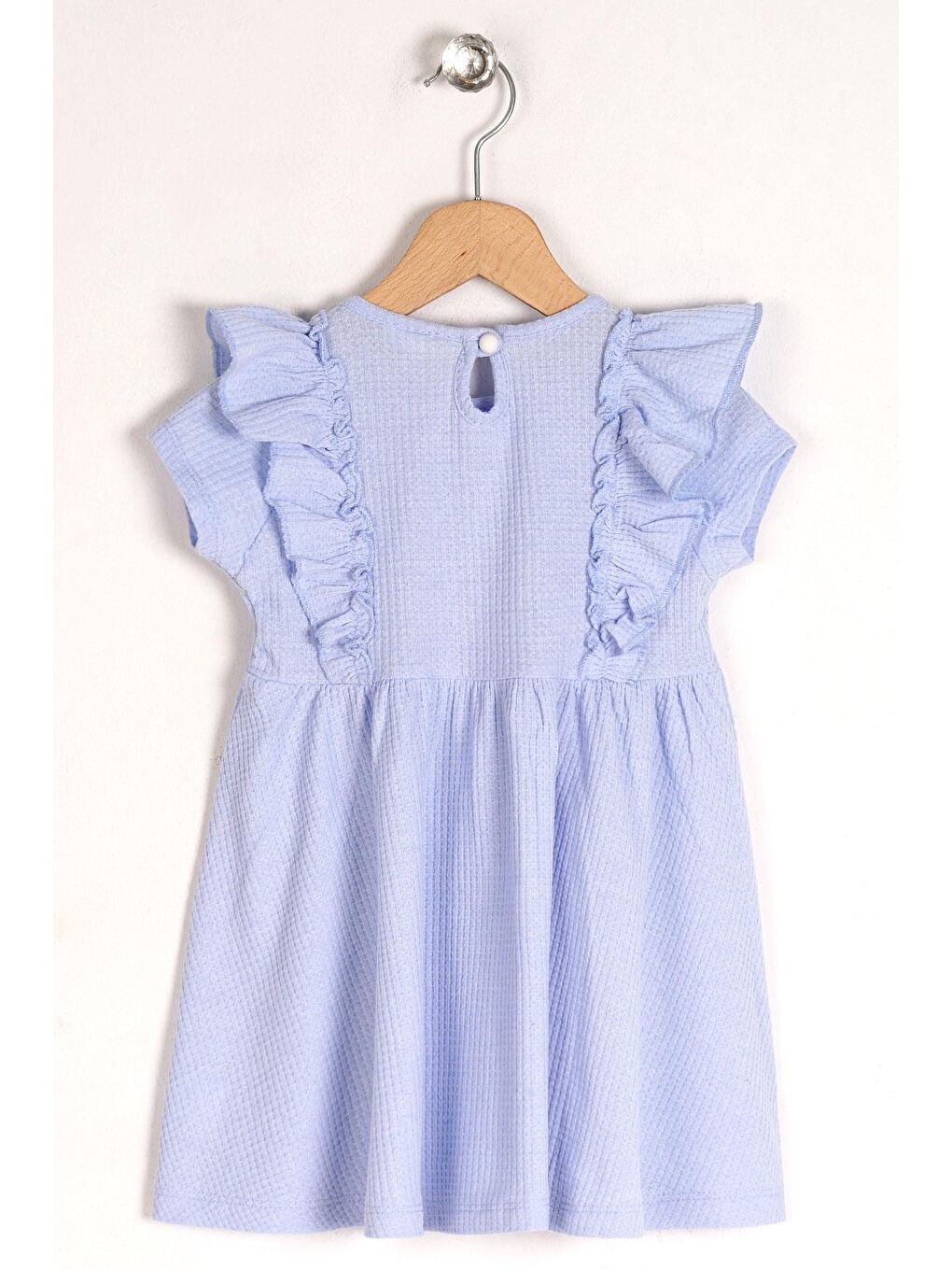 Bisiklet Yaka Fırfırlı Beli Büzgülü Bebe Mavisi Renk Kız Çocuk Elbise-1