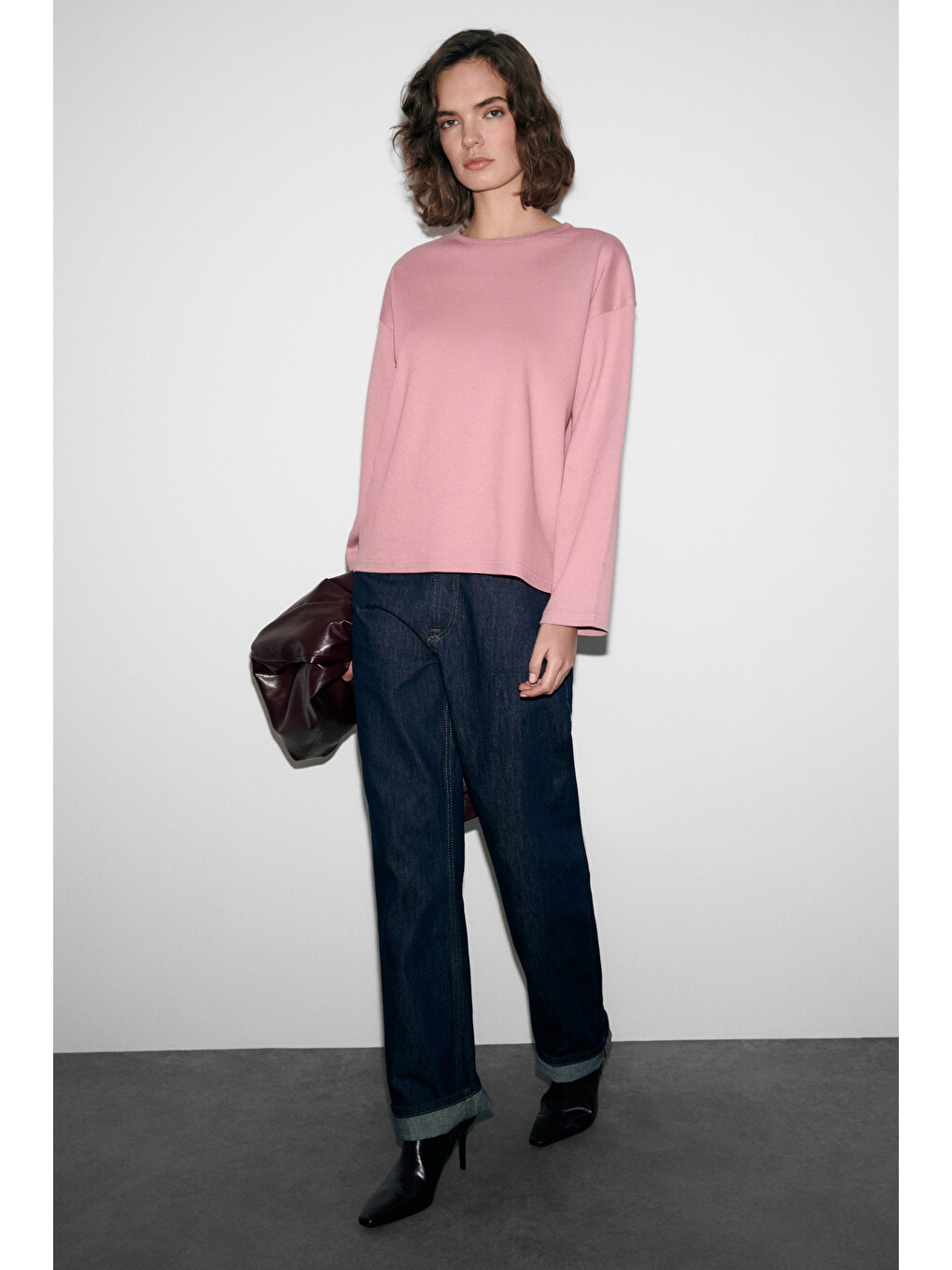 Neat Kadın Organik Pamuklu Bisiklet Yaka Oversize Fit Uzun Kollu Pembe T-shirt-2