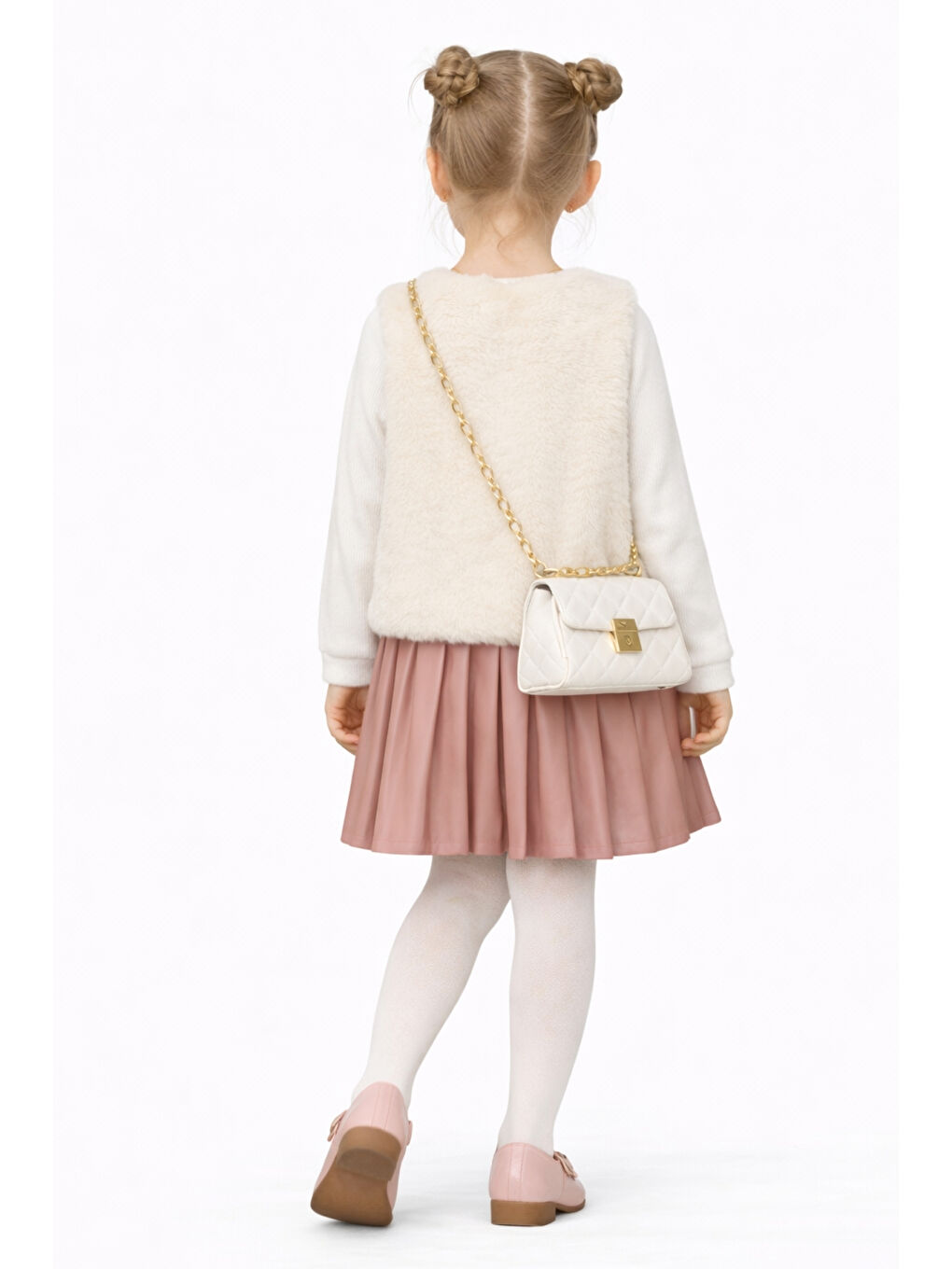 Pembe Kız Çocuk Pelüş Yelekli Deri Piliseli Etek 3 lü Set Takım Ak2601-3