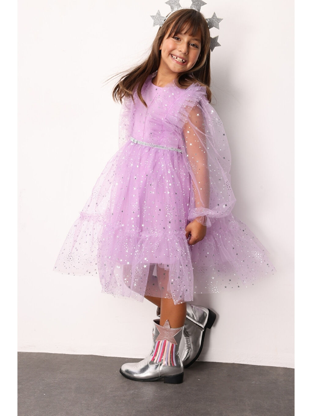 Lila Omzu Fırfır Detaylı Yıldızlı Kız Çocuk Elbise - Stella-1