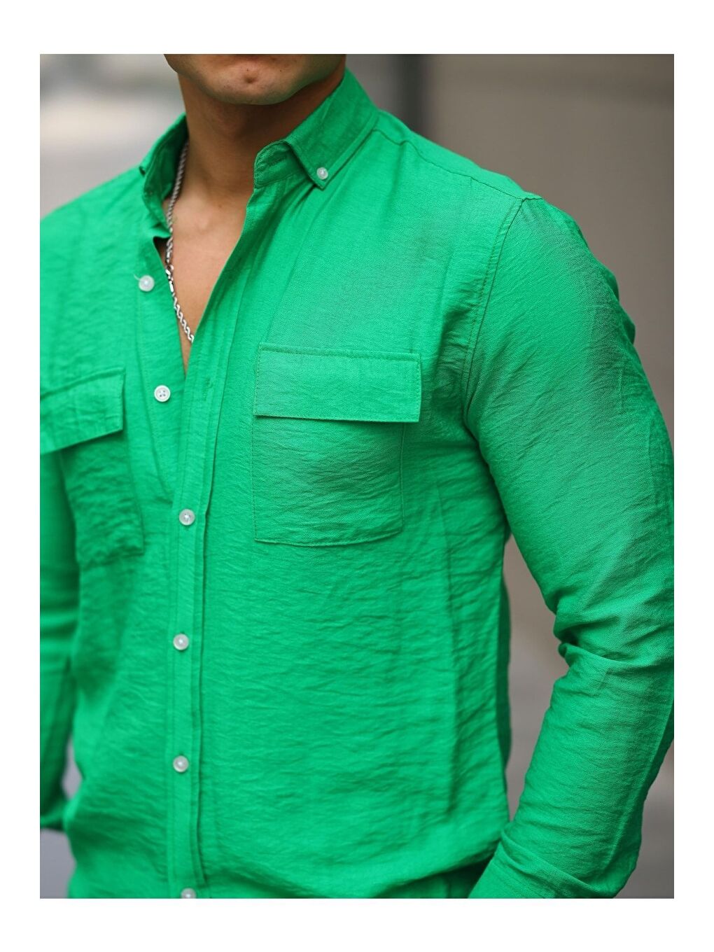 Yeşil Erkek A Kalite Keten Slim Fit Uzun Kol Çift Kapaklı Gömlek-1