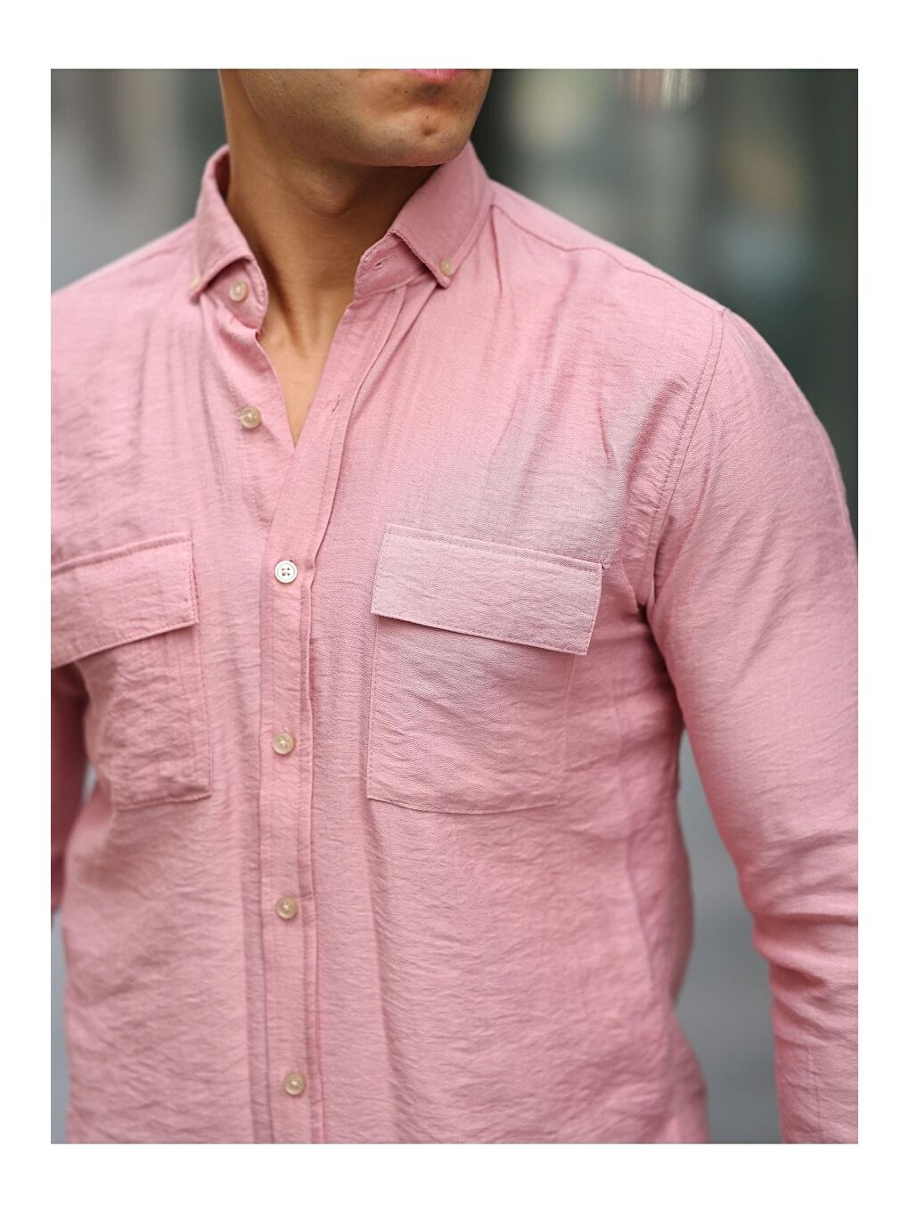 Pembe Erkek A Kalite Keten Slim Fit Uzun Kol Çift Kapaklı Gömlek-1