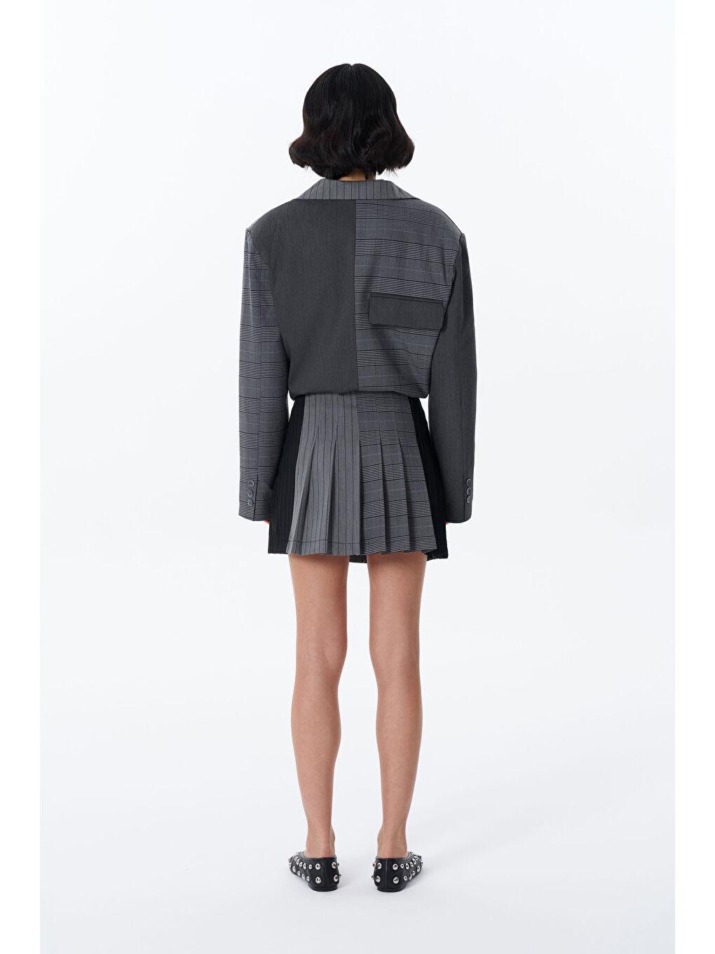 Çizgi Matchli Pileli Mini Etek Antrasit-1