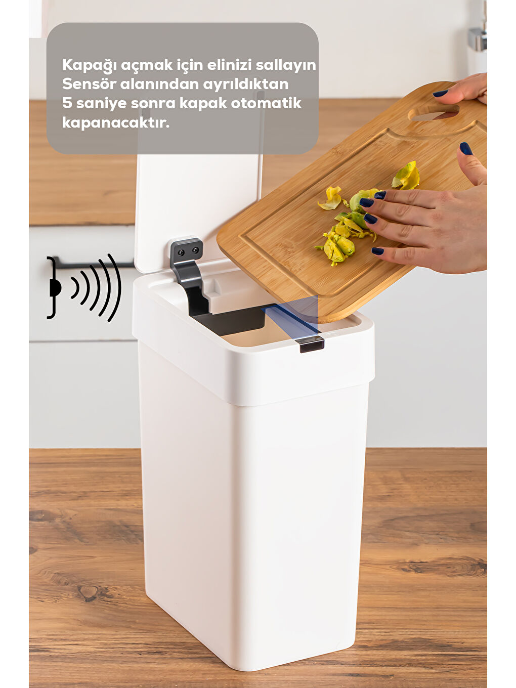 Beyaz Me-06 Hareket Sensörlü Sessiz Kapatma Çöp Kutusu Banyo Mutfak Banyo Çöp Kovası 2 adet AA Pil 9LT-1