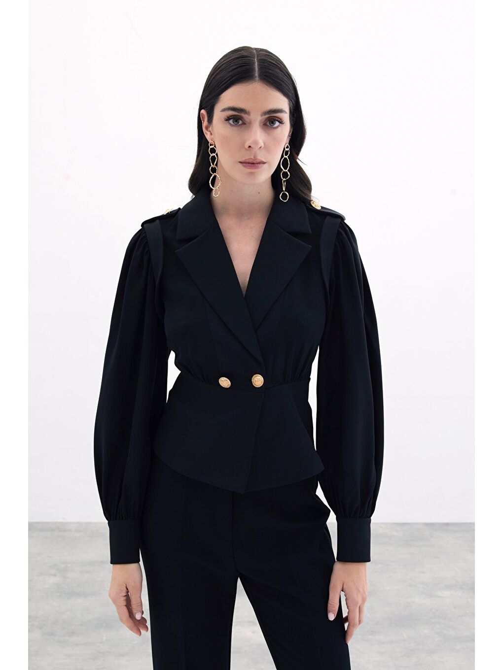 Kruvaze Kısa Ceket - Siyah-3