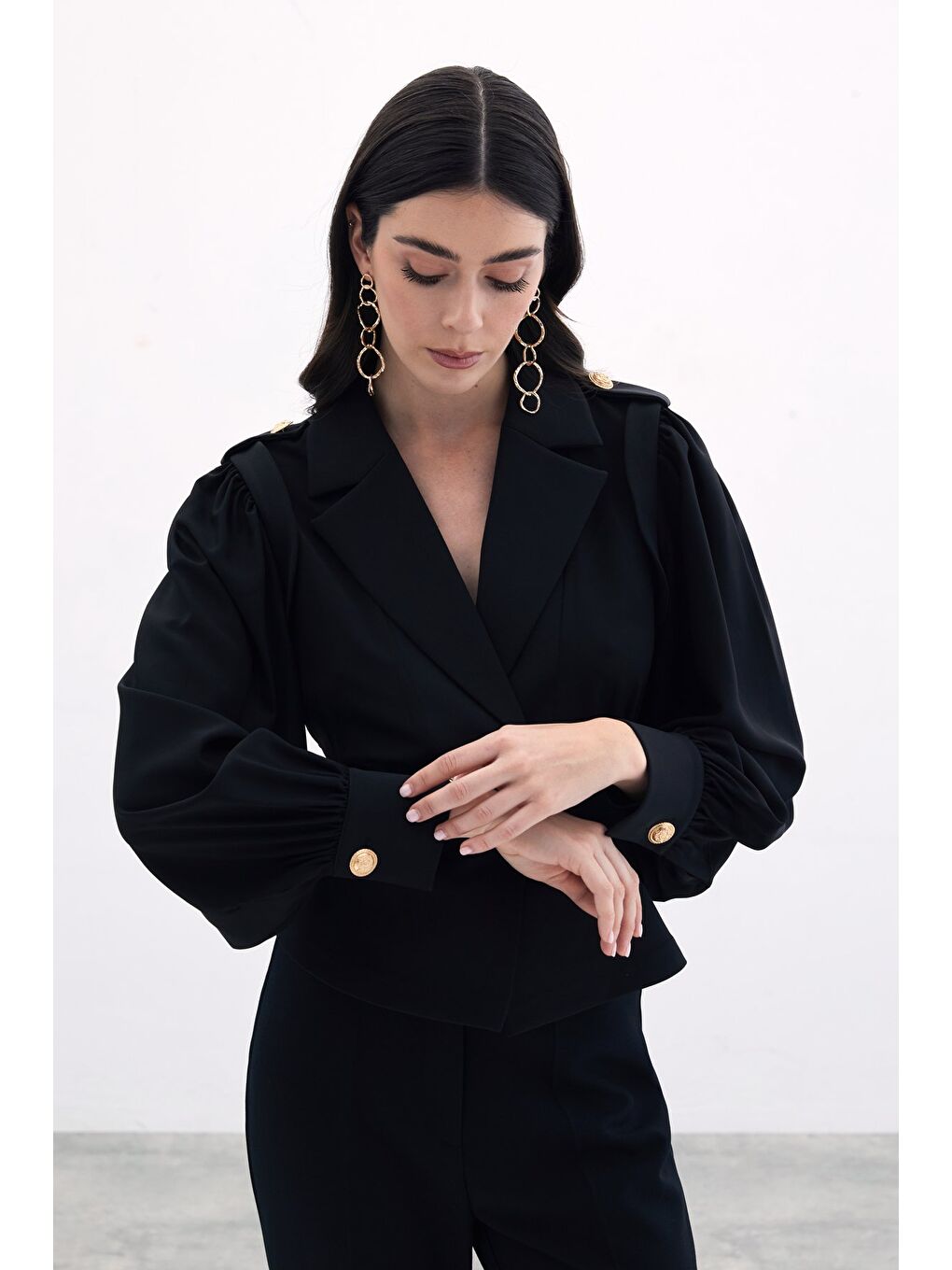 Kruvaze Kısa Ceket - Siyah-4